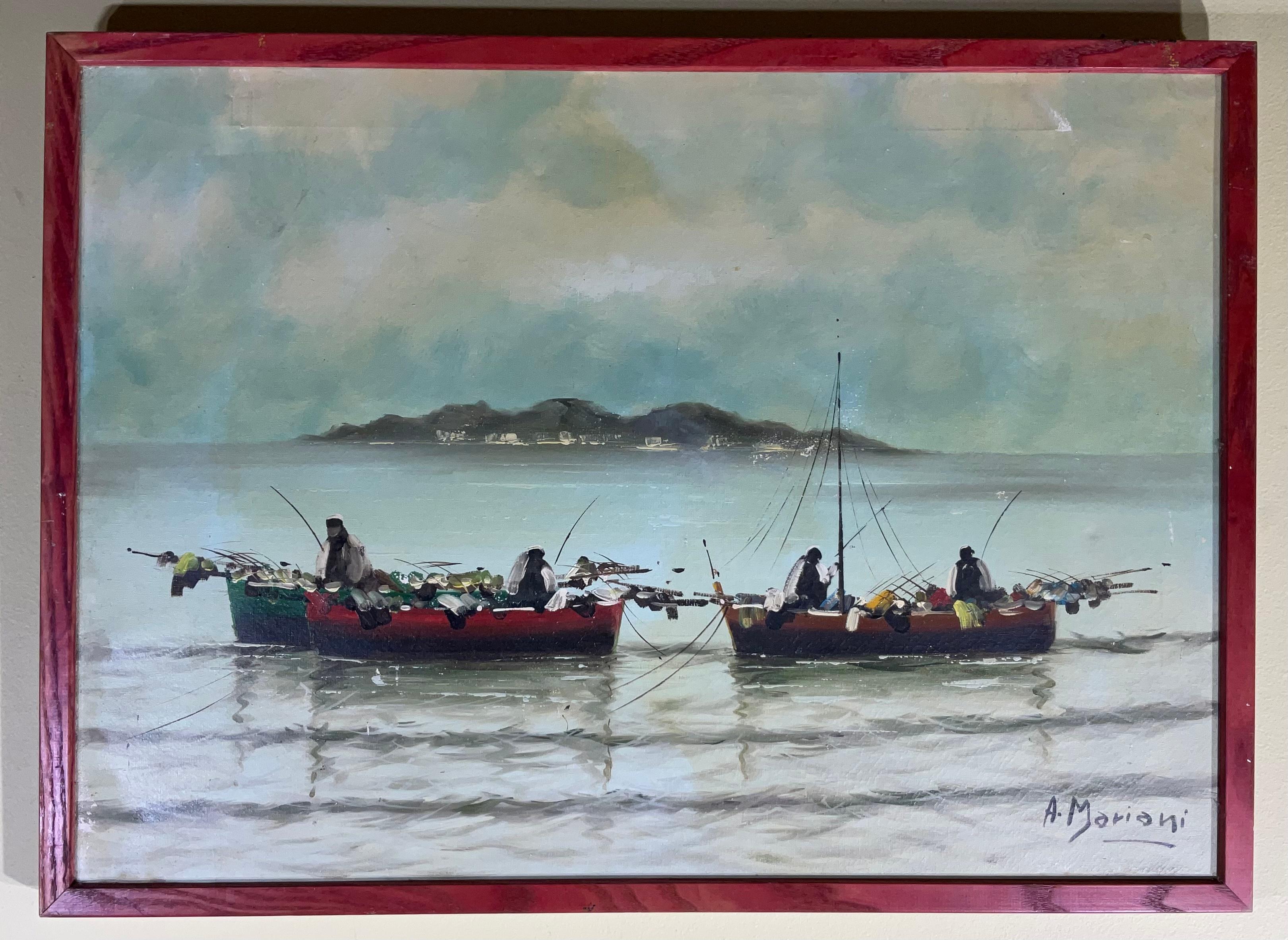 Hand-Painted Mariani Italian Fisherman in the Bay of Naples For Sale