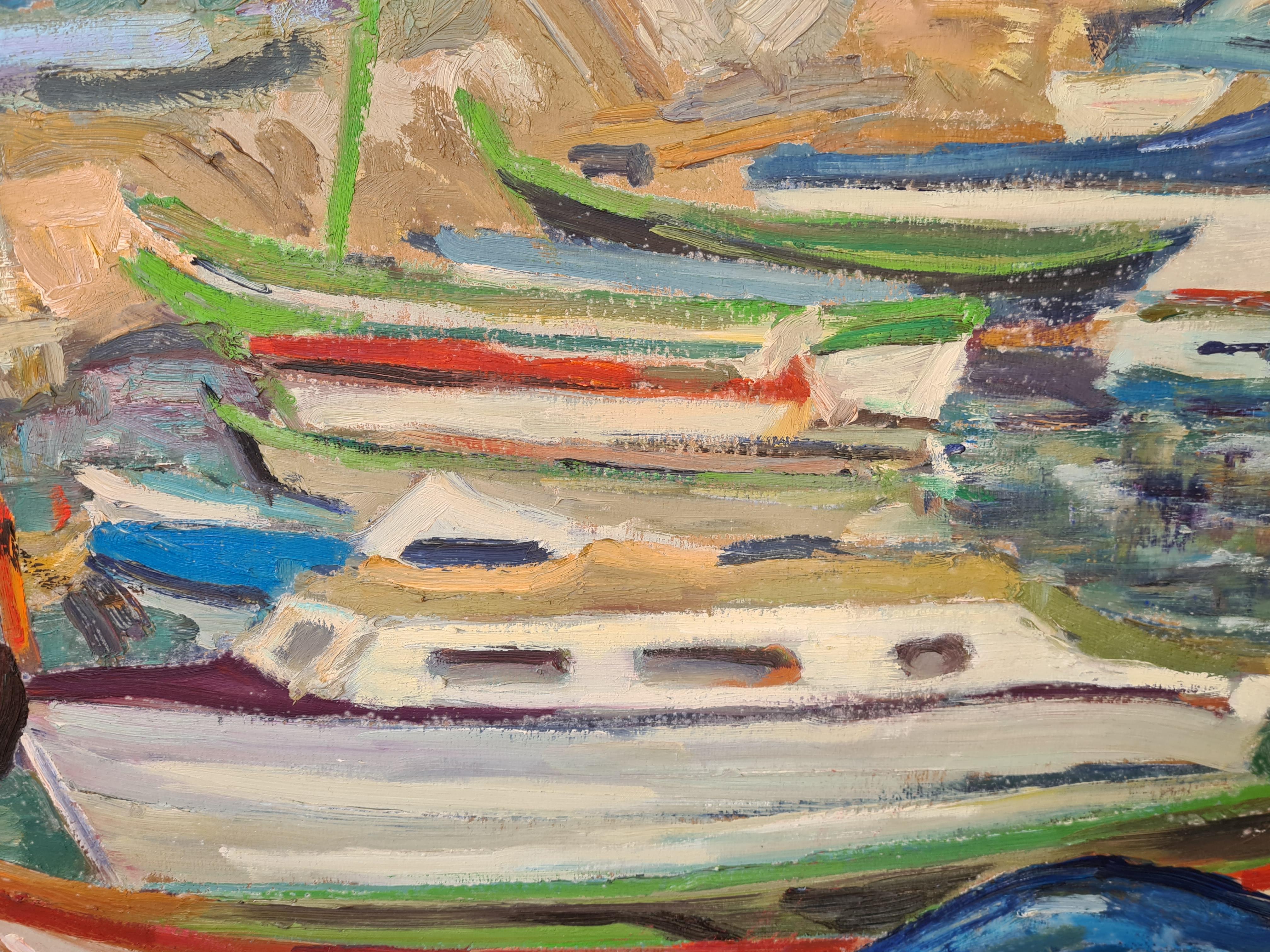Le Port de l'Estaques, Large Fauvist View of Fishing Boats In A Port - Brown Landscape Painting by A Mariani