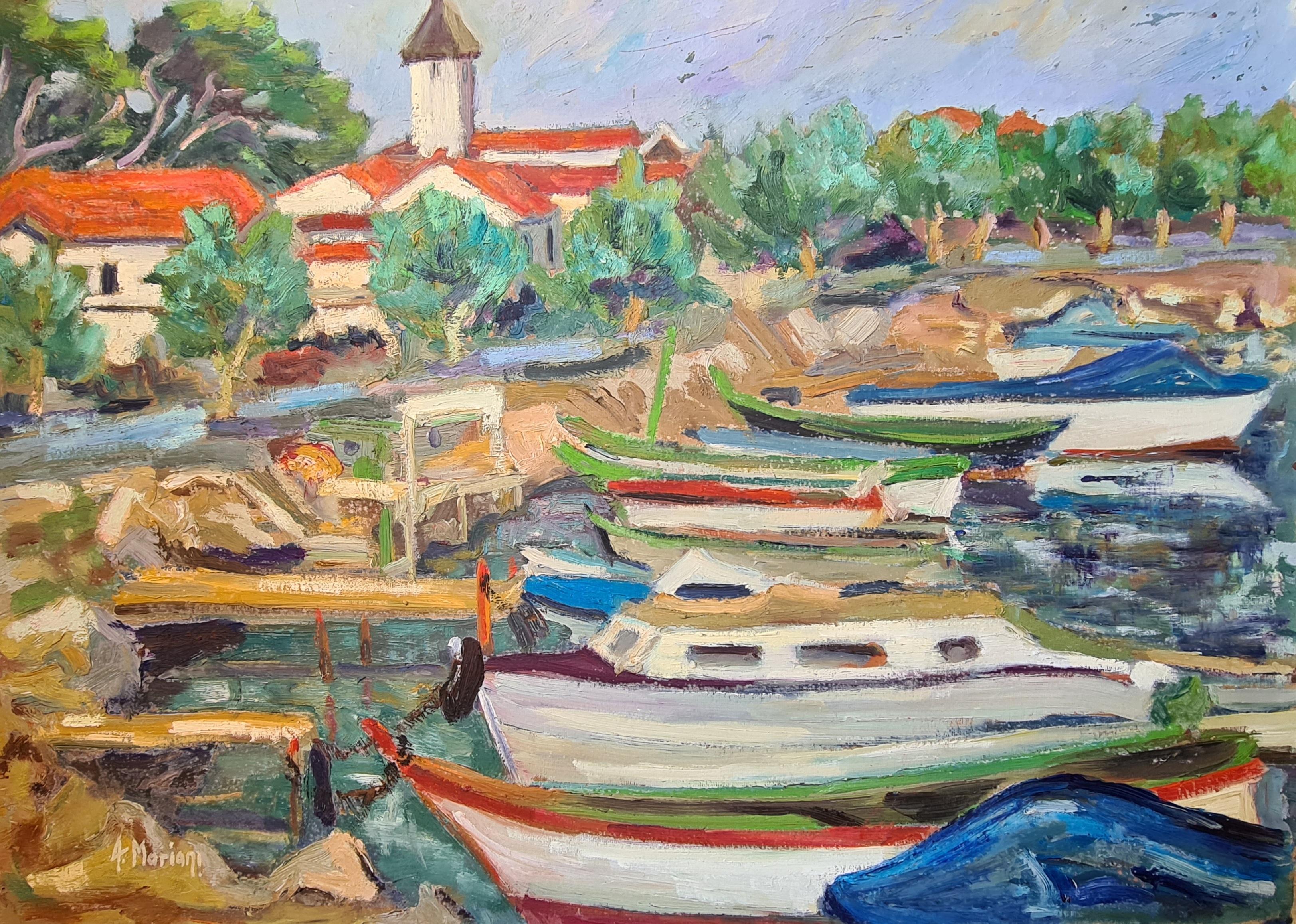 A Mariani Landscape Painting - Le Port de l'Estaques, Large Fauvist View of Fishing Boats In A Port