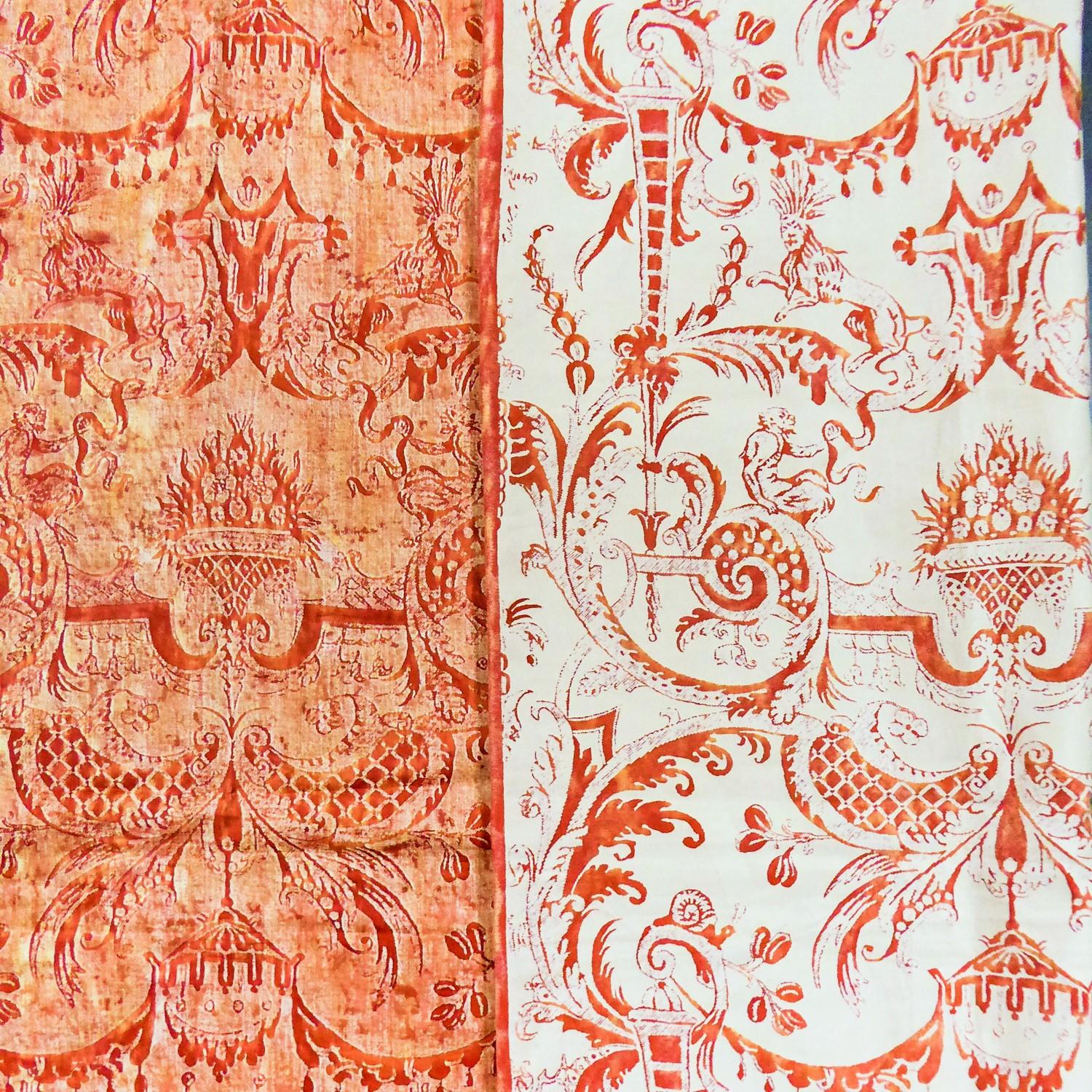 Circa 1980
Italy

Complete panel in 2.80 meters high in orange brick and cream reversible printed cotton by Mariano Fortuny in Venice around 1980. Organized decoration of Baroque inspiration with illuminations in ironworks dotted with grotesques and