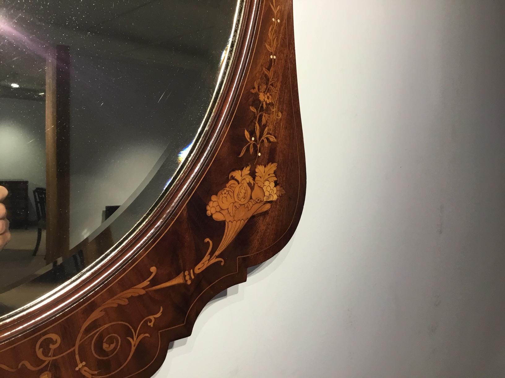 Mahogany Marquetry Inlaid Edwardian Period Antique Wall Mirror For Sale