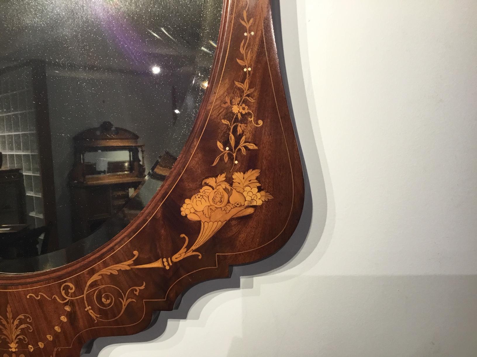 Marquetry Inlaid Edwardian Period Antique Wall Mirror For Sale 1
