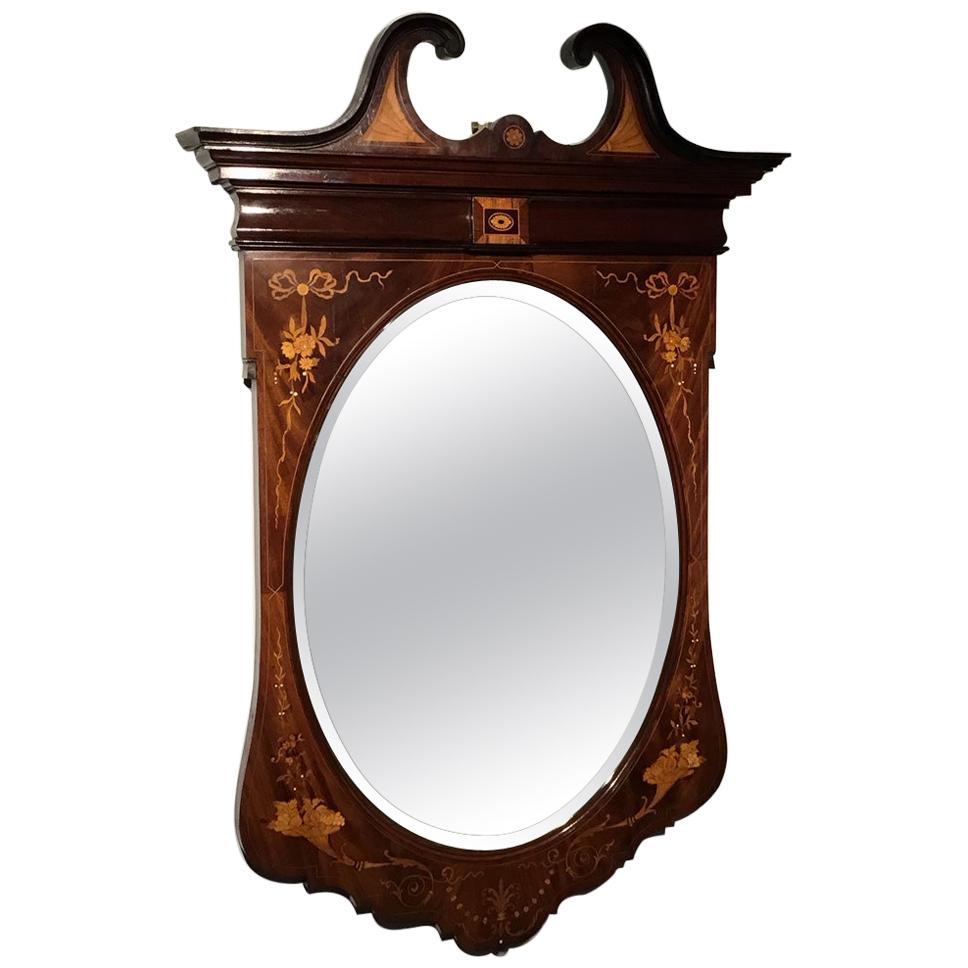 Marquetry Inlaid Edwardian Period Antique Wall Mirror For Sale