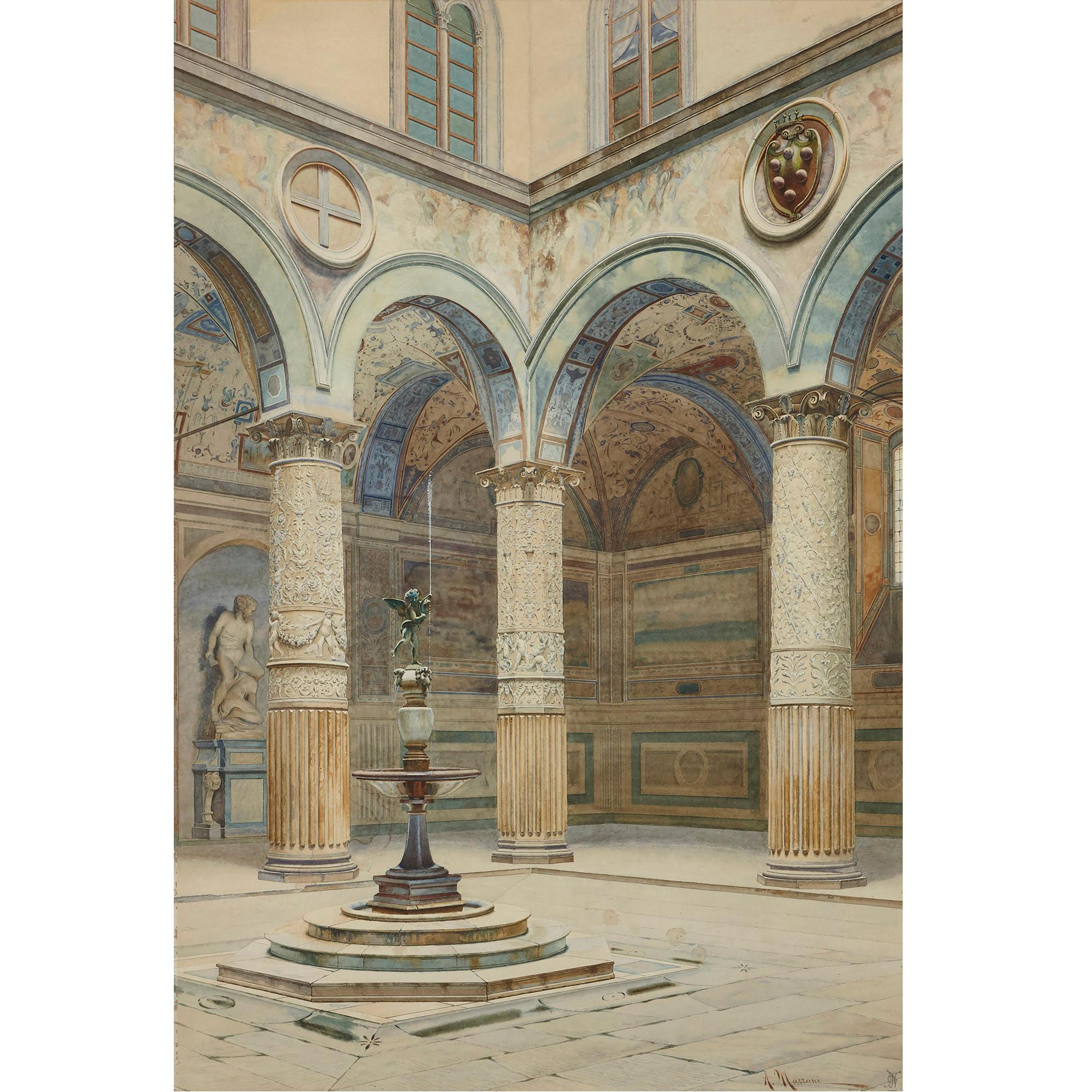 Aquarelle ancienne du Palazzo Signoria à Florence - Painting de A. Marrani