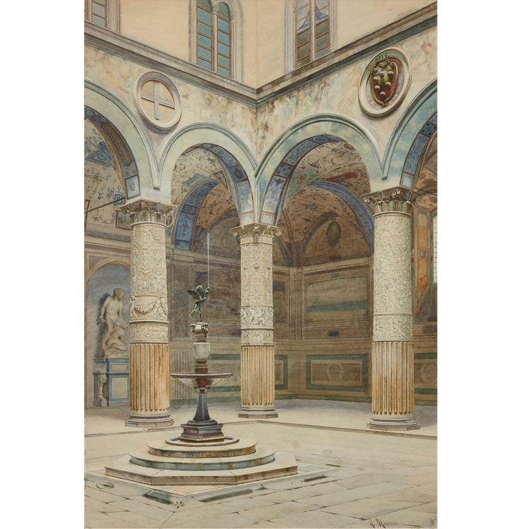 Antique watercolour of Palazzo Signoria in Florence - Painting by A. Marrani