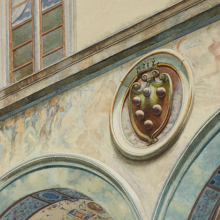 This beautiful view of a Florentine courtyard was painted by A. Marrani, an artist who, in the late 19th Century, painted many views of the Tuscan city. The cortile (‘courtyard’) shown in the painting is situated in the medieval Palazzo Signoria,