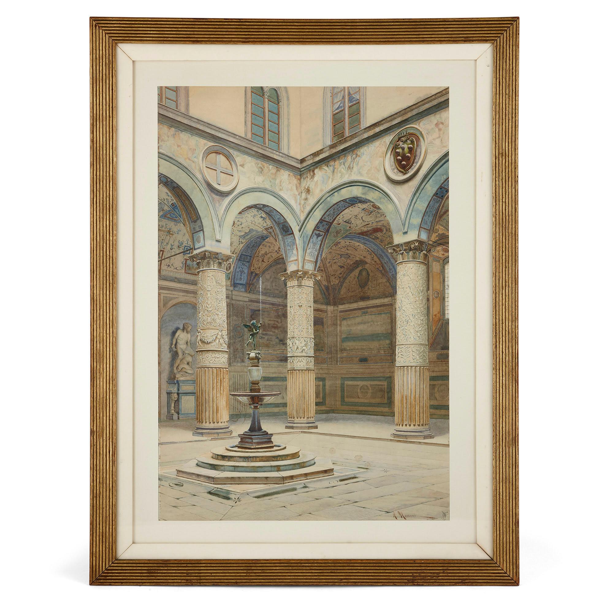 A. Marrani Interior Painting – Antikes Aquarell von Palazzo Signoria in Florenz