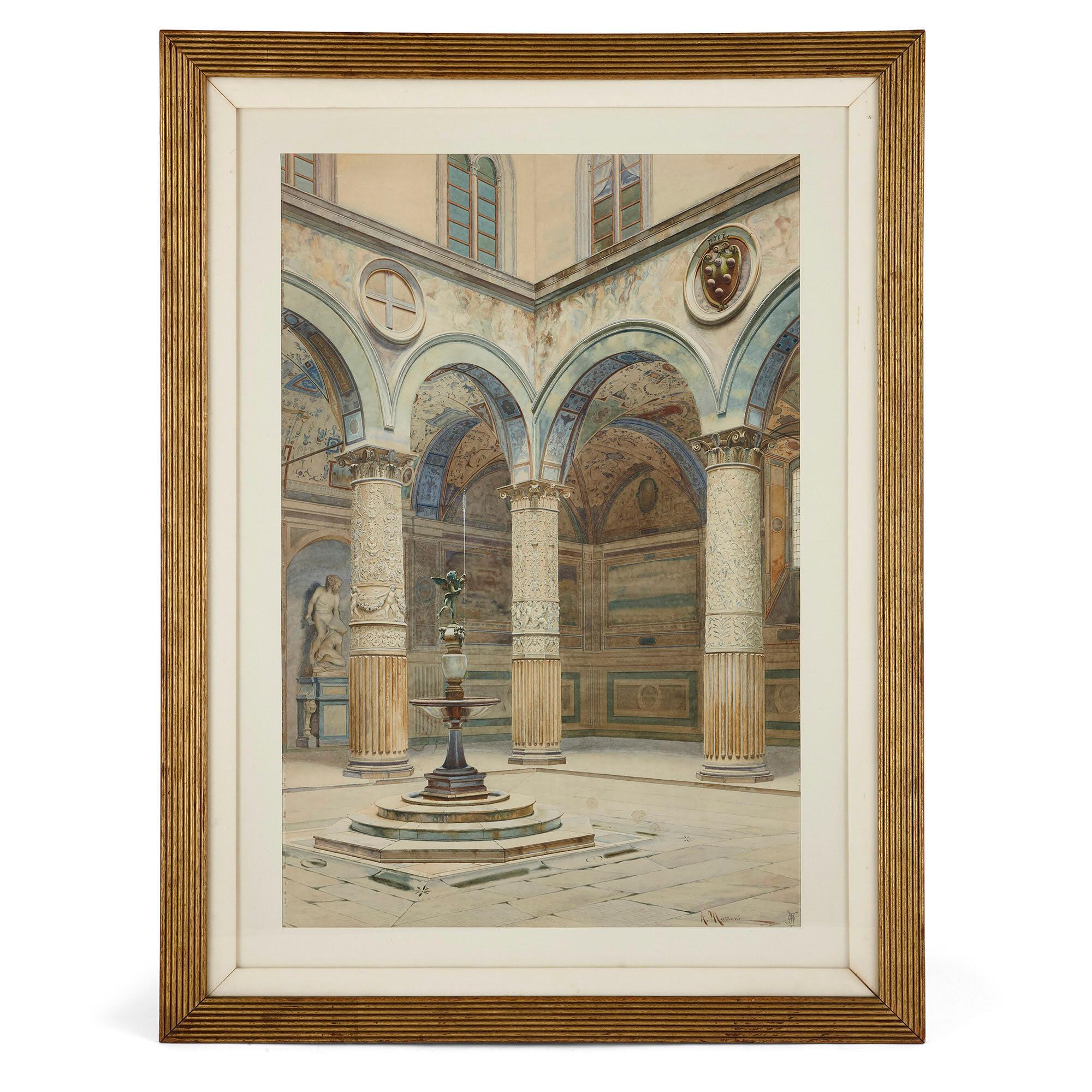 Acquerello antico di Palazzo Signoria a Firenze