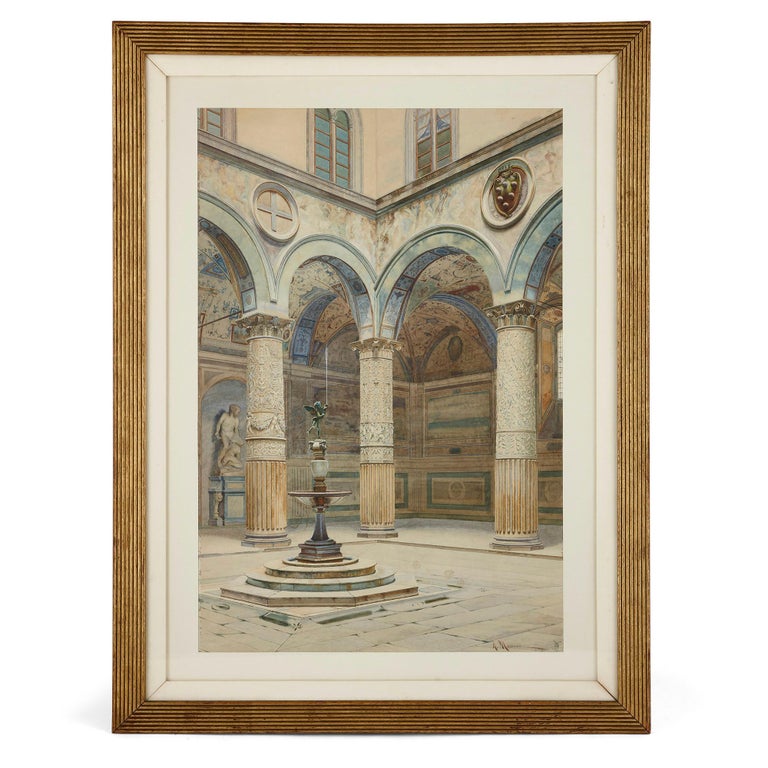 A. Marrani Interior Painting - Antique watercolour of Palazzo Signoria in Florence
