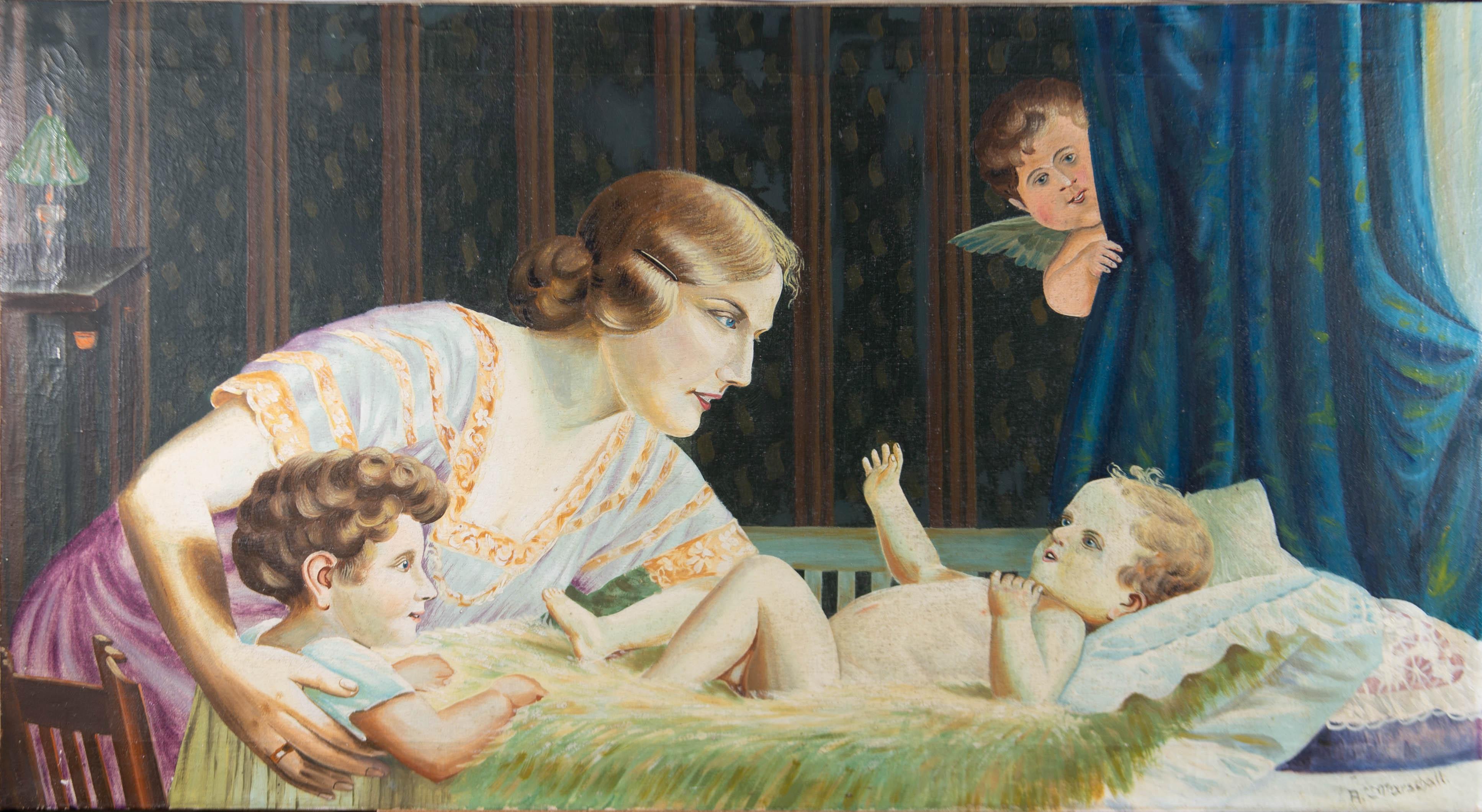 A heartwarming scene in oil, showing a mother introducing a young child to a baby while a cherub looks on. The artist has signed to the lower right corner. This painting of considerable size is on canvas laid to stretchers. On canvas.