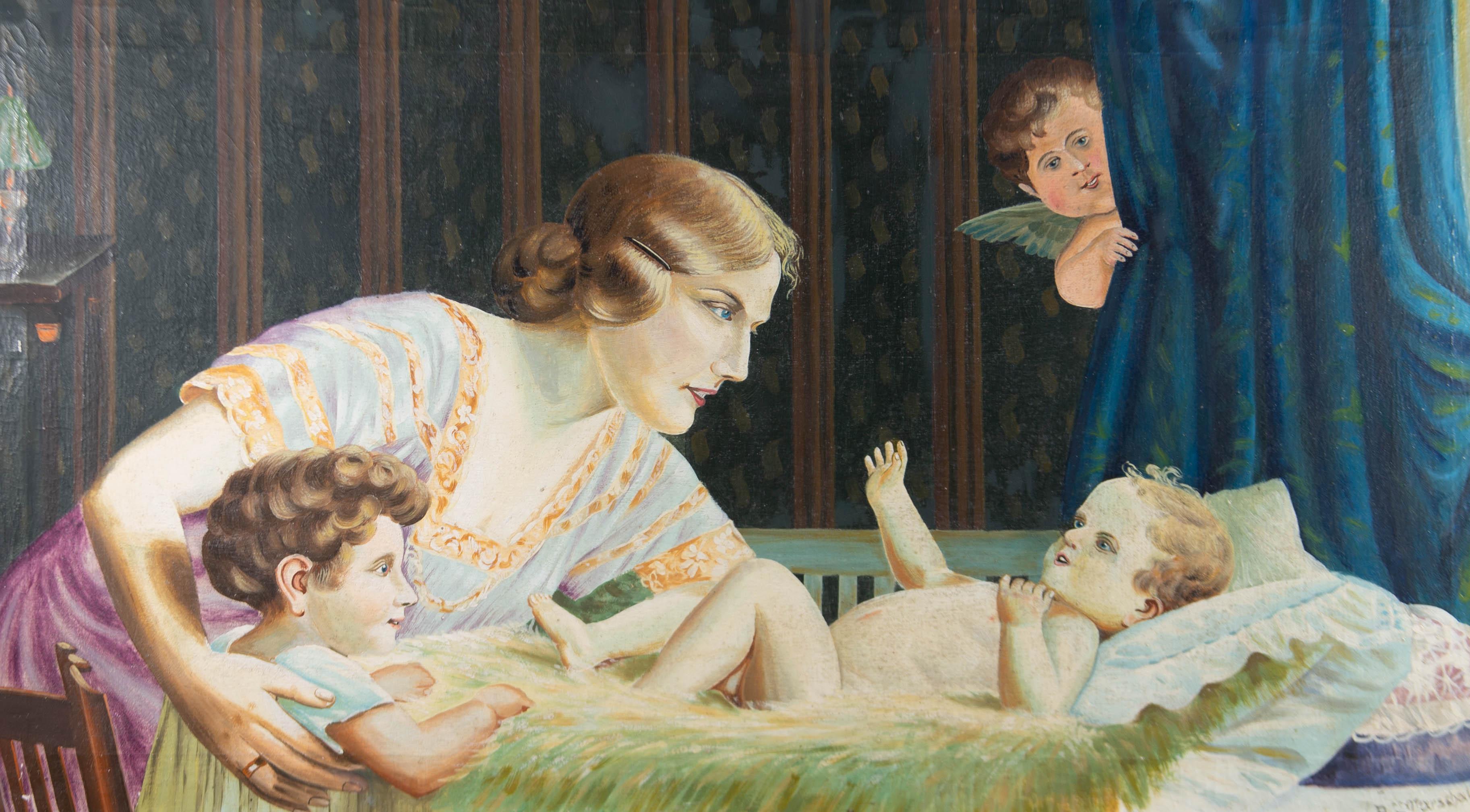 Una scena commovente ad olio, che mostra una madre che presenta un bambino ad un neonato mentre un cherubino guarda. L'artista ha apposto la sua firma nell'angolo in basso a destra. Questo dipinto di dimensioni considerevoli è realizzato su tela