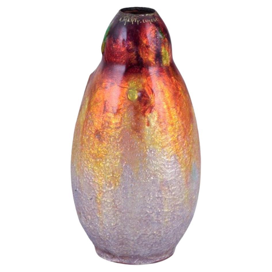 A. Marty for Limoges, France. Metalwork vase with enamel decoration