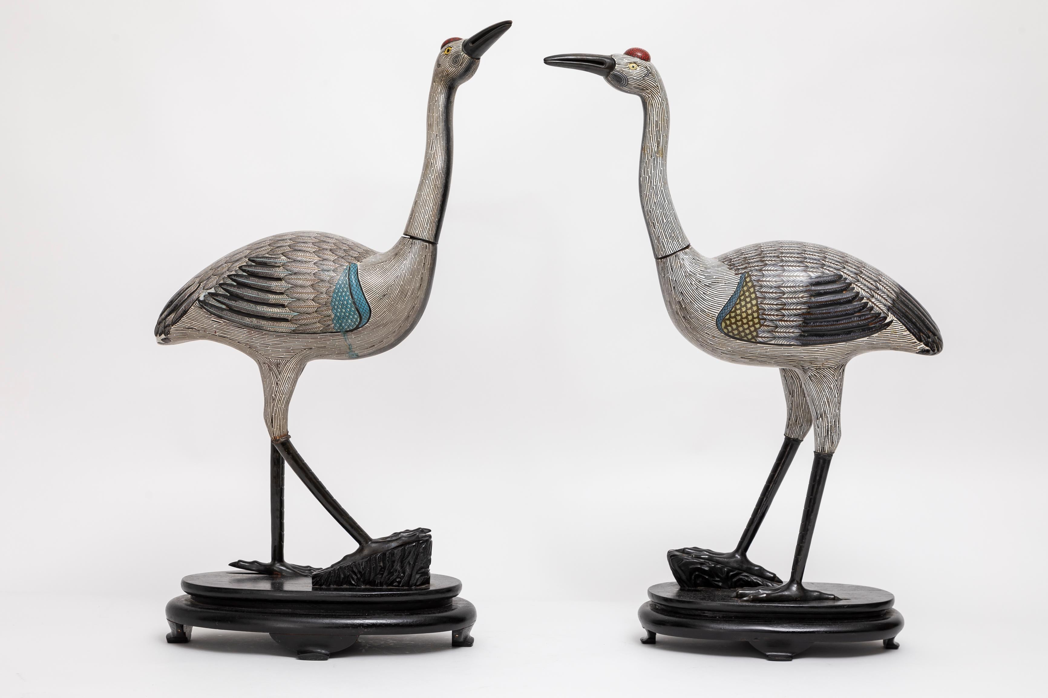 20th Century A Marvelous Pair of Chinese Cloisonné Figures of Cranes on Stands, Qing Dynasty