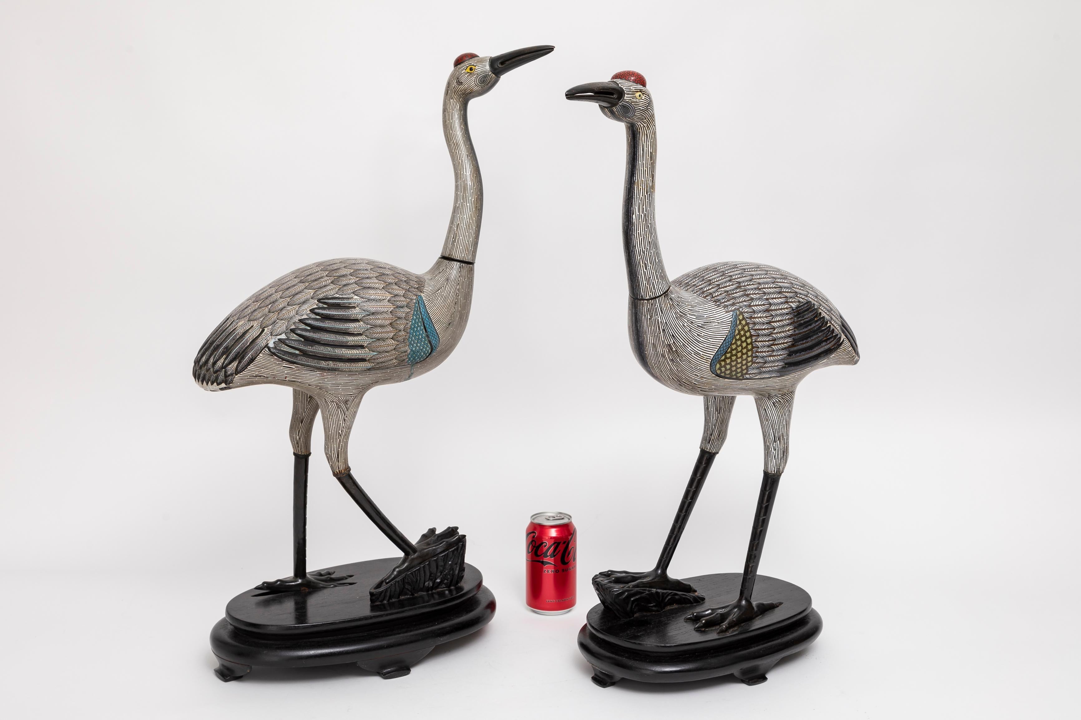 Bronze A Marvelous Pair of Chinese Cloisonné Figures of Cranes on Stands, Qing Dynasty