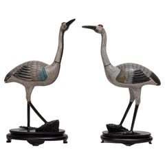 A Marvelous Pair of Chinese Cloisonné Figures of Cranes on Stands, Qing Dynasty