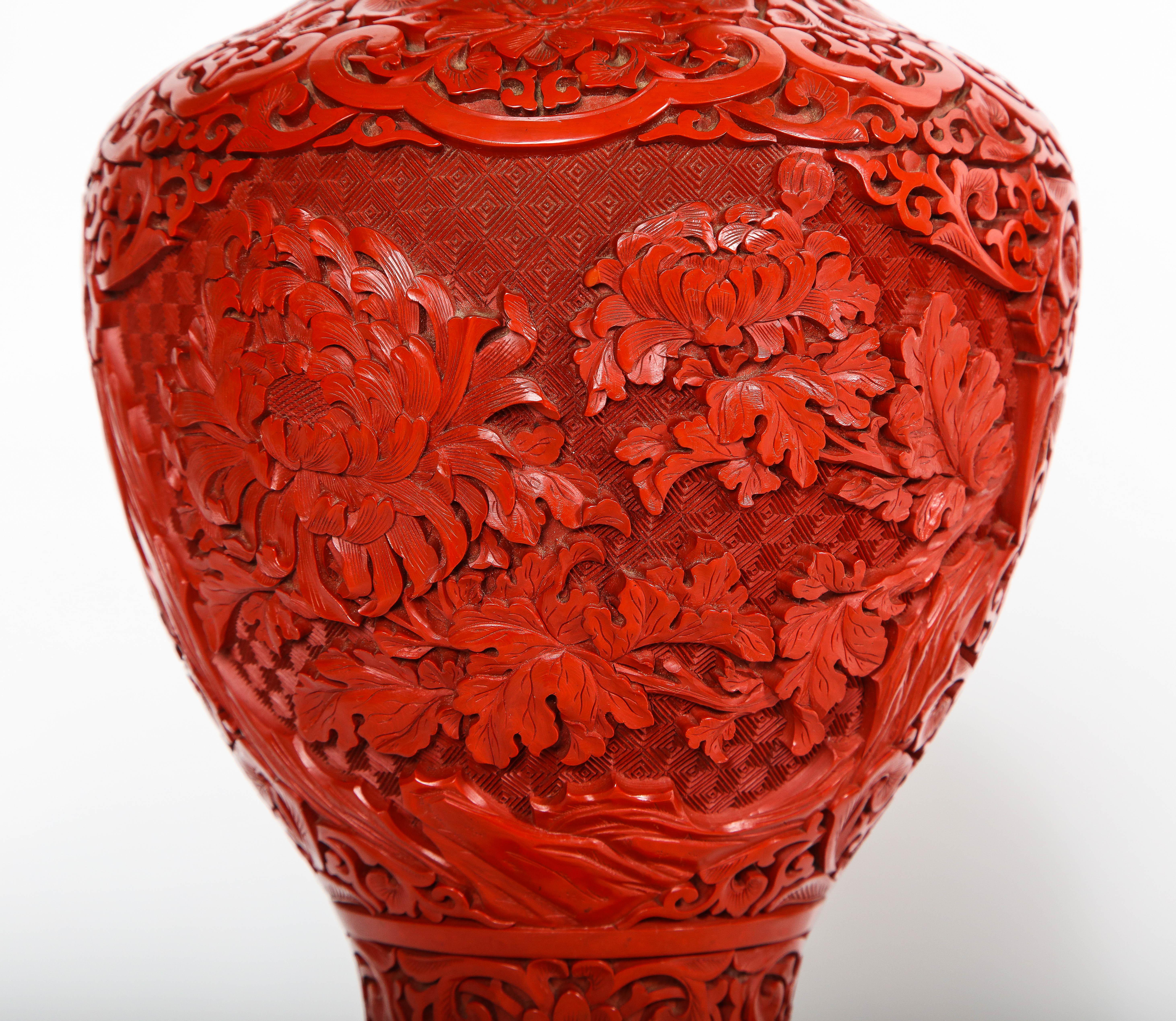 Marvelous Pair of Hand Carved Antique Chinese Cinnabar Vases Mounted as Lamps 2