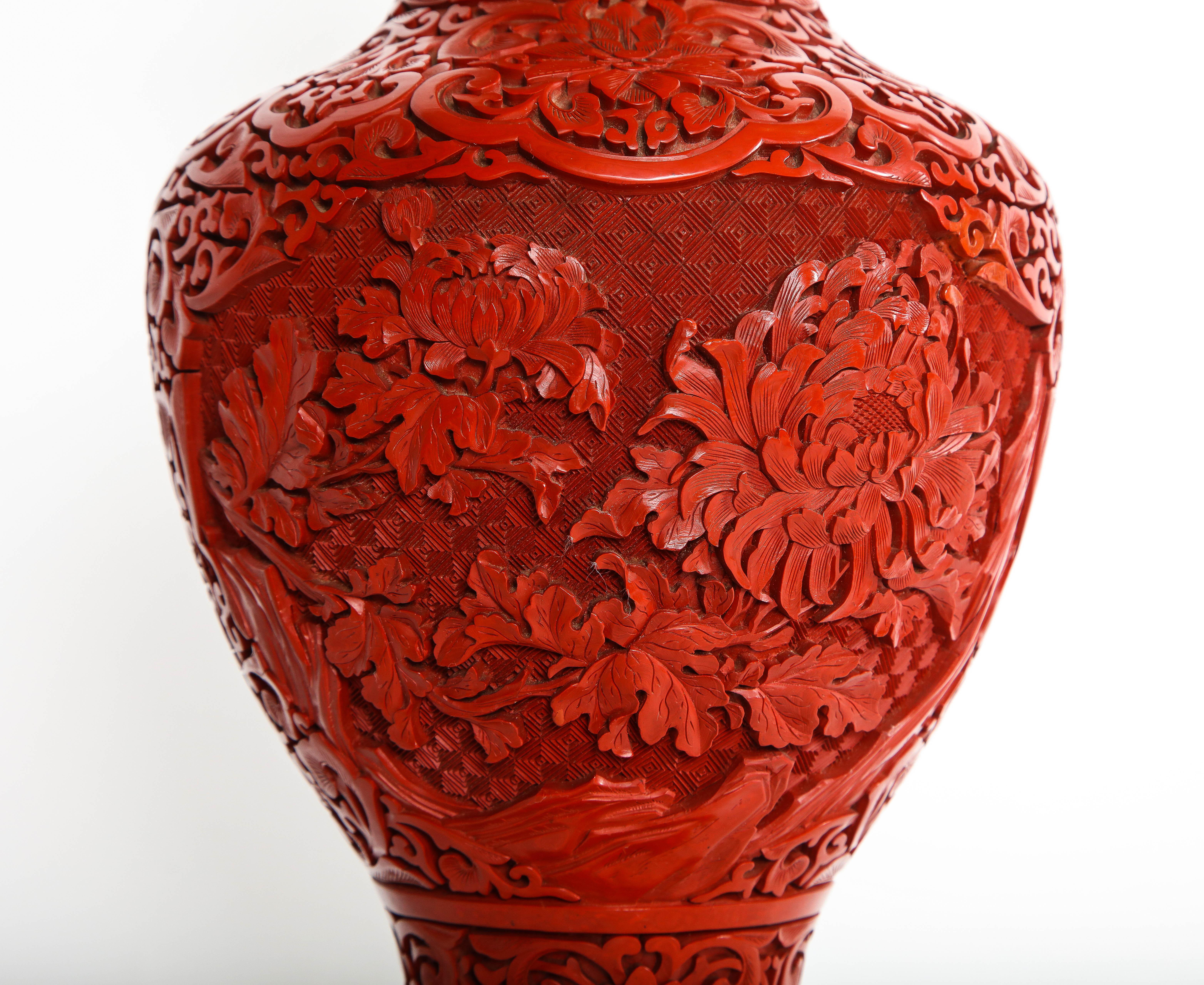 Marvelous Pair of Hand Carved Antique Chinese Cinnabar Vases Mounted as Lamps 3