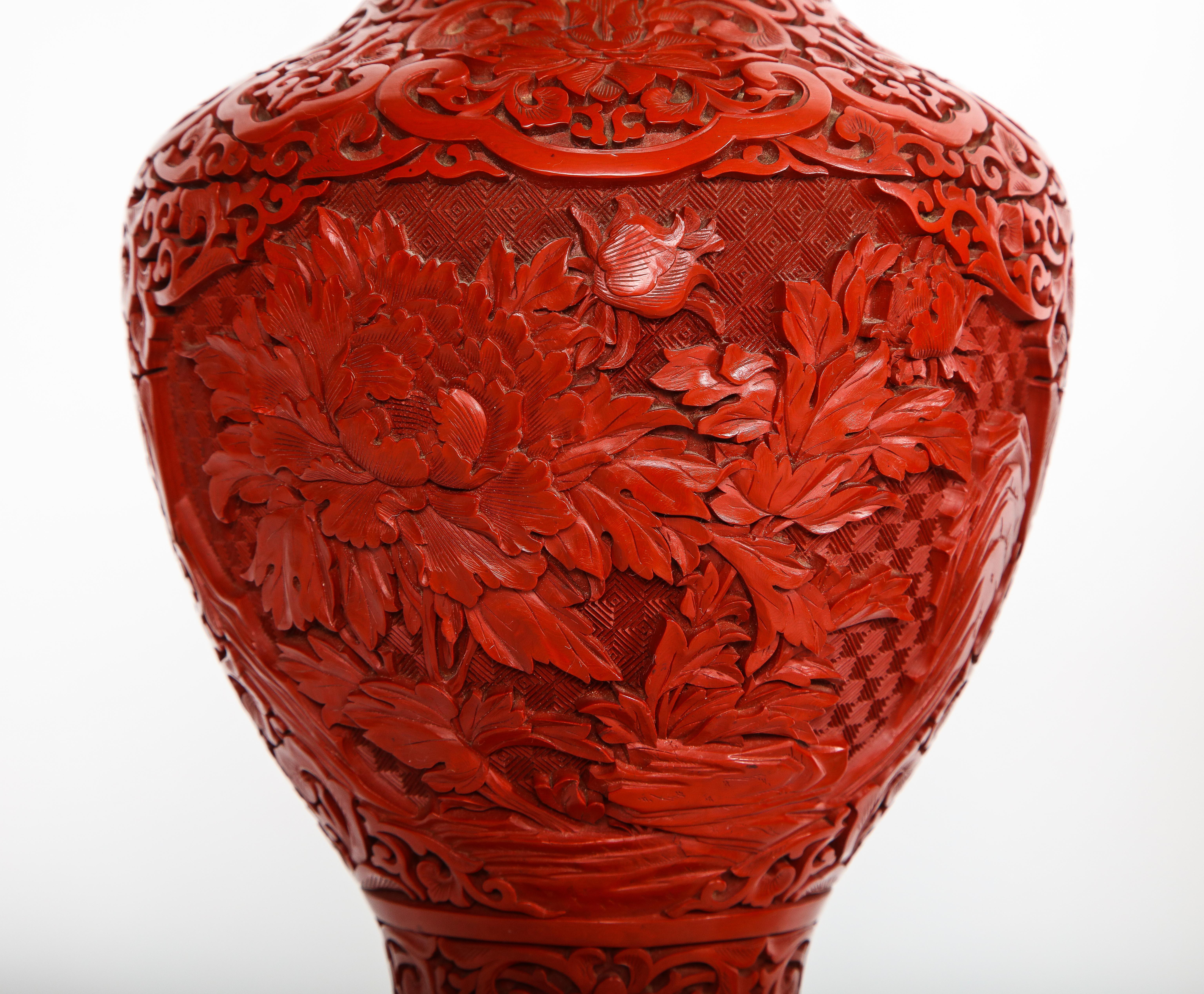 Marvelous Pair of Hand Carved Antique Chinese Cinnabar Vases Mounted as Lamps 4