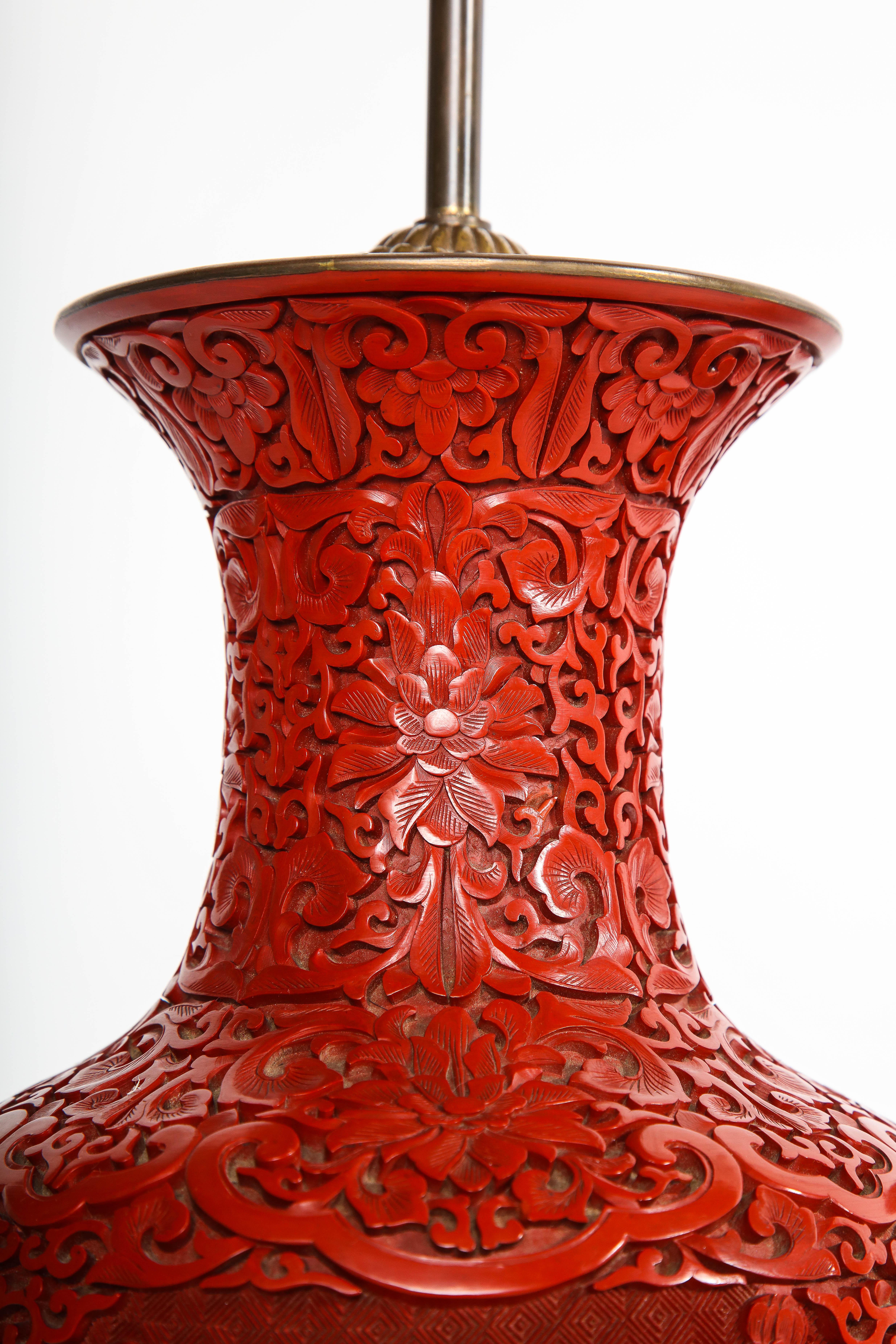 Marvelous Pair of Hand Carved Antique Chinese Cinnabar Vases Mounted as Lamps 5