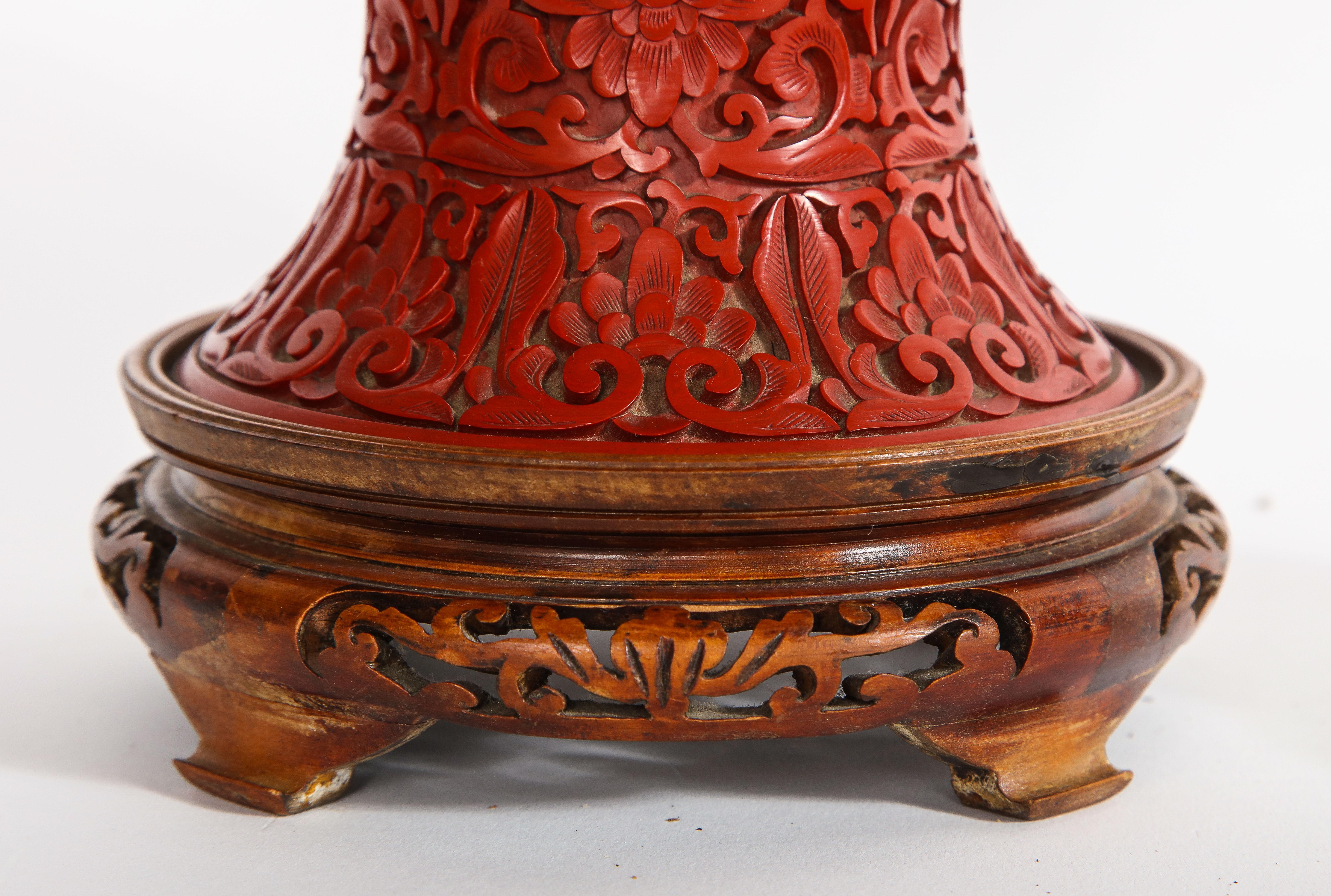 Marvelous Pair of Hand Carved Antique Chinese Cinnabar Vases Mounted as Lamps 6