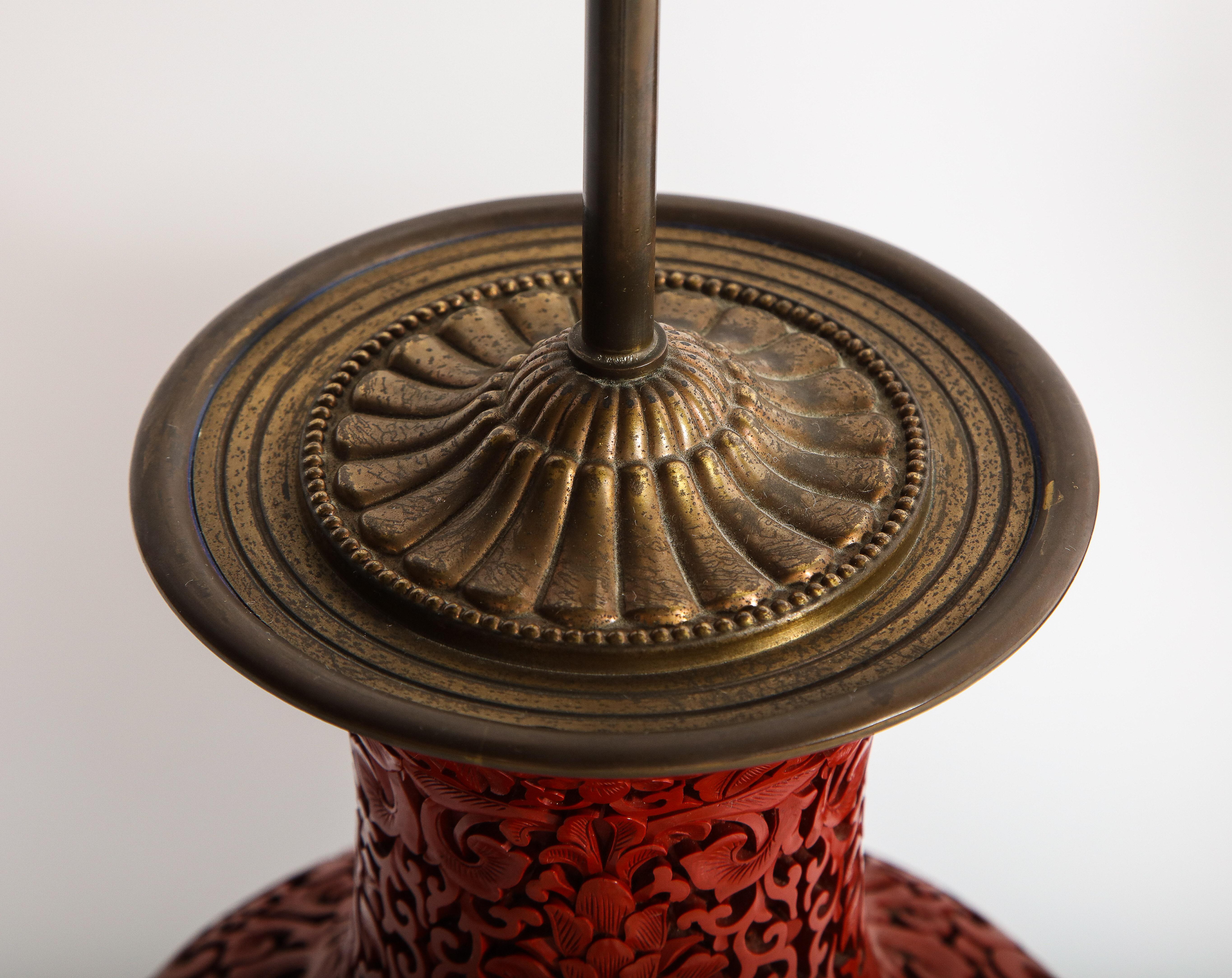 Marvelous Pair of Hand Carved Antique Chinese Cinnabar Vases Mounted as Lamps 7