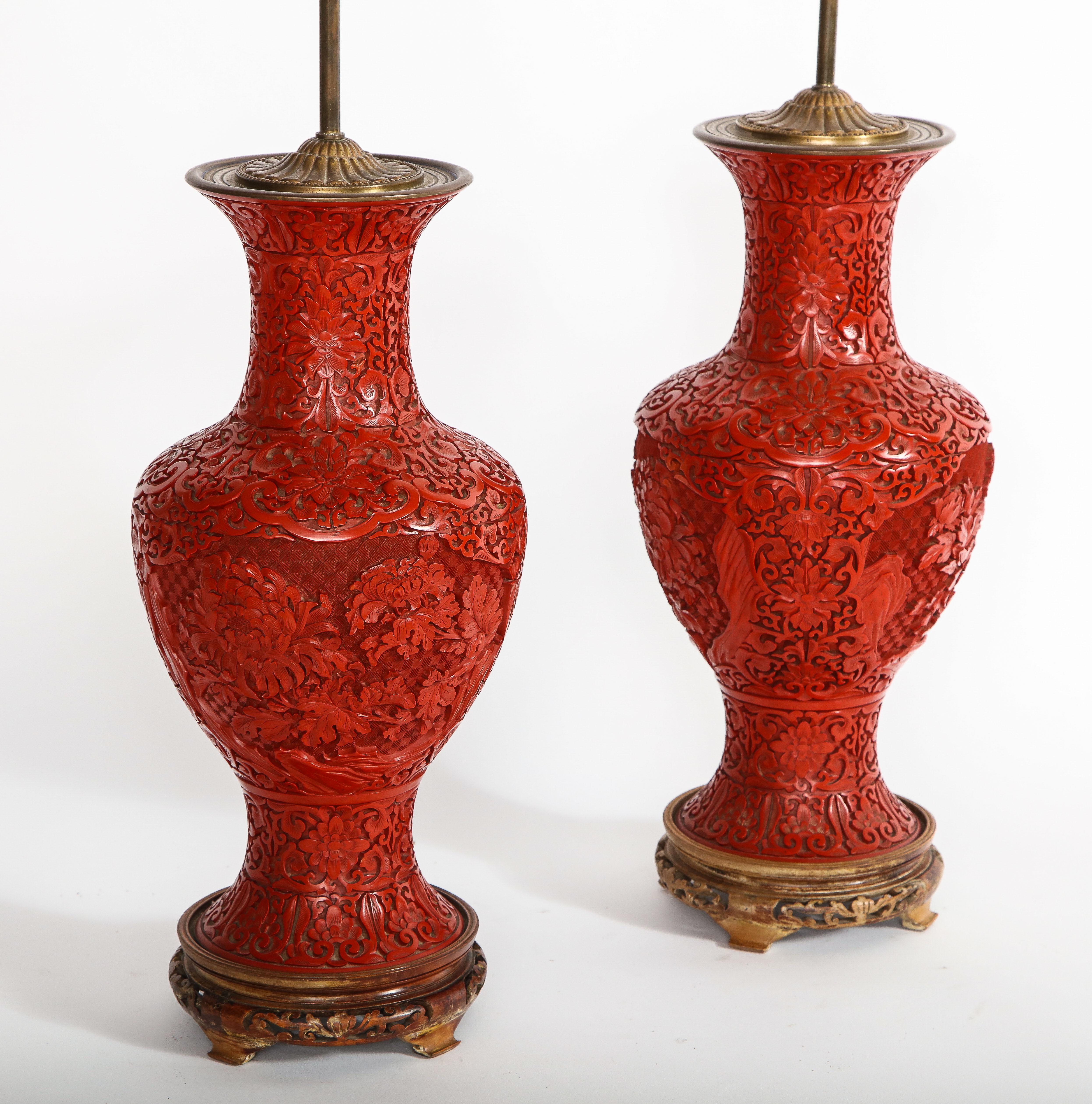 Other Marvelous Pair of Hand Carved Antique Chinese Cinnabar Vases Mounted as Lamps