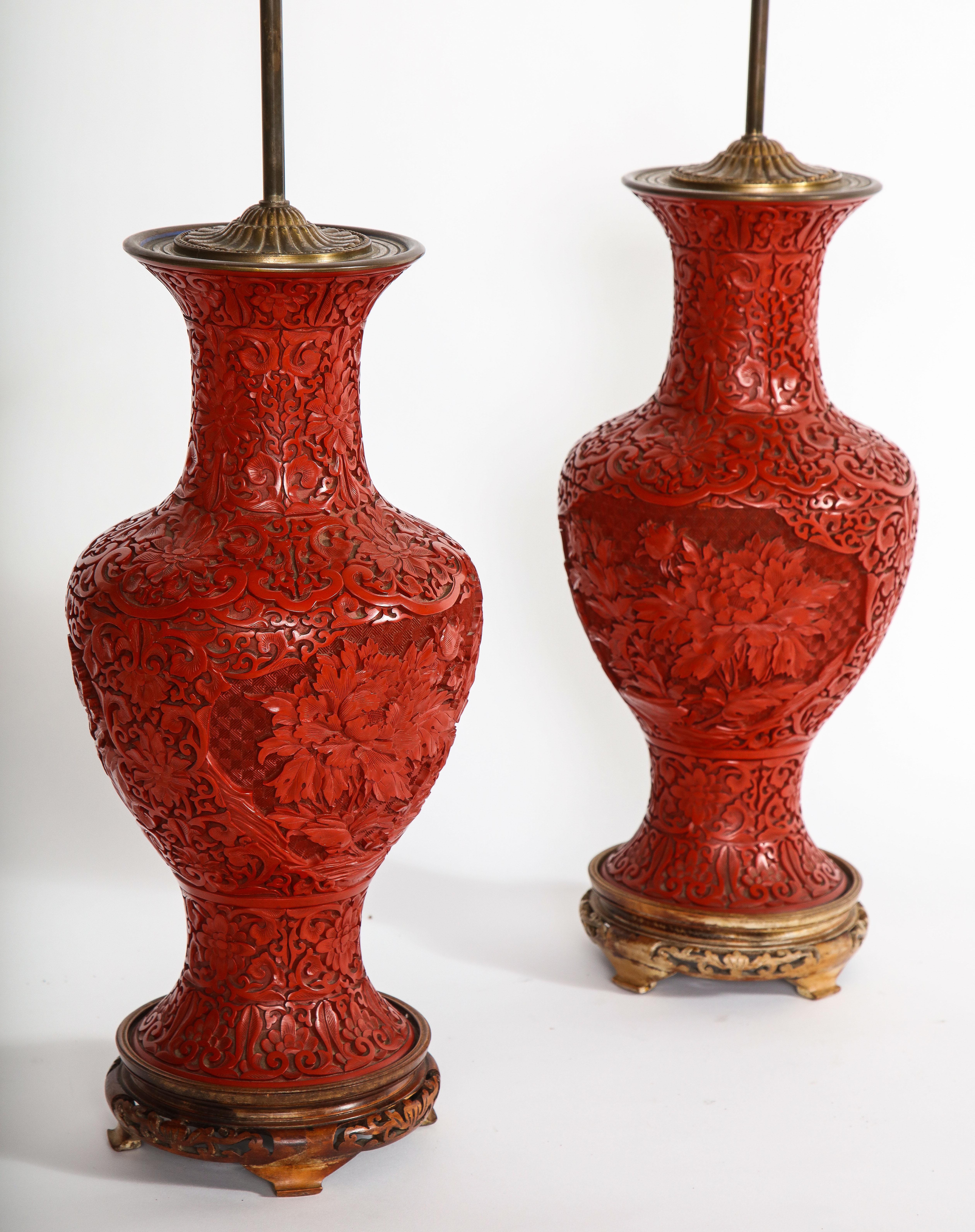 Hand-Carved Marvelous Pair of Hand Carved Antique Chinese Cinnabar Vases Mounted as Lamps