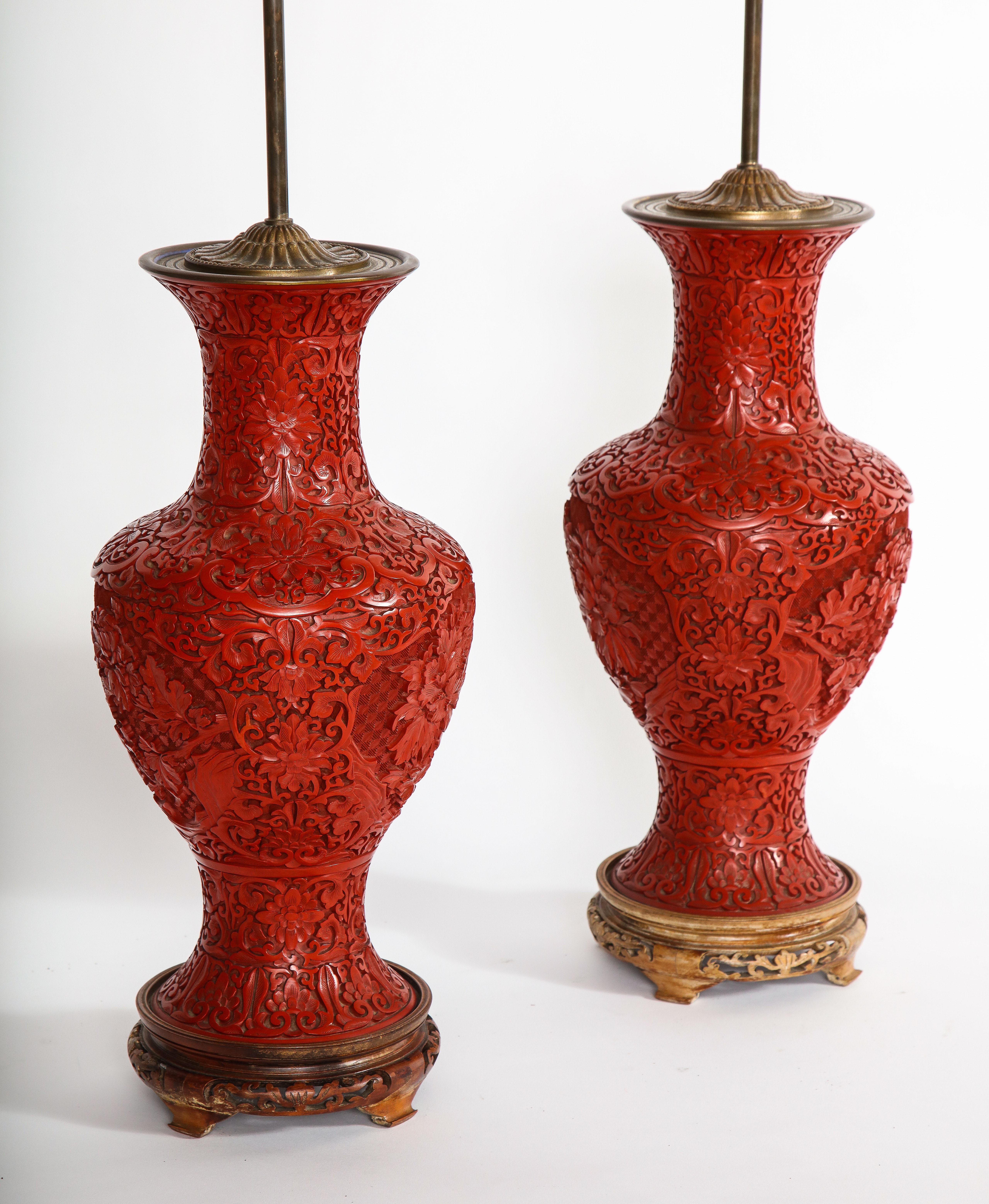 Marvelous Pair of Hand Carved Antique Chinese Cinnabar Vases Mounted as Lamps In Good Condition In New York, NY