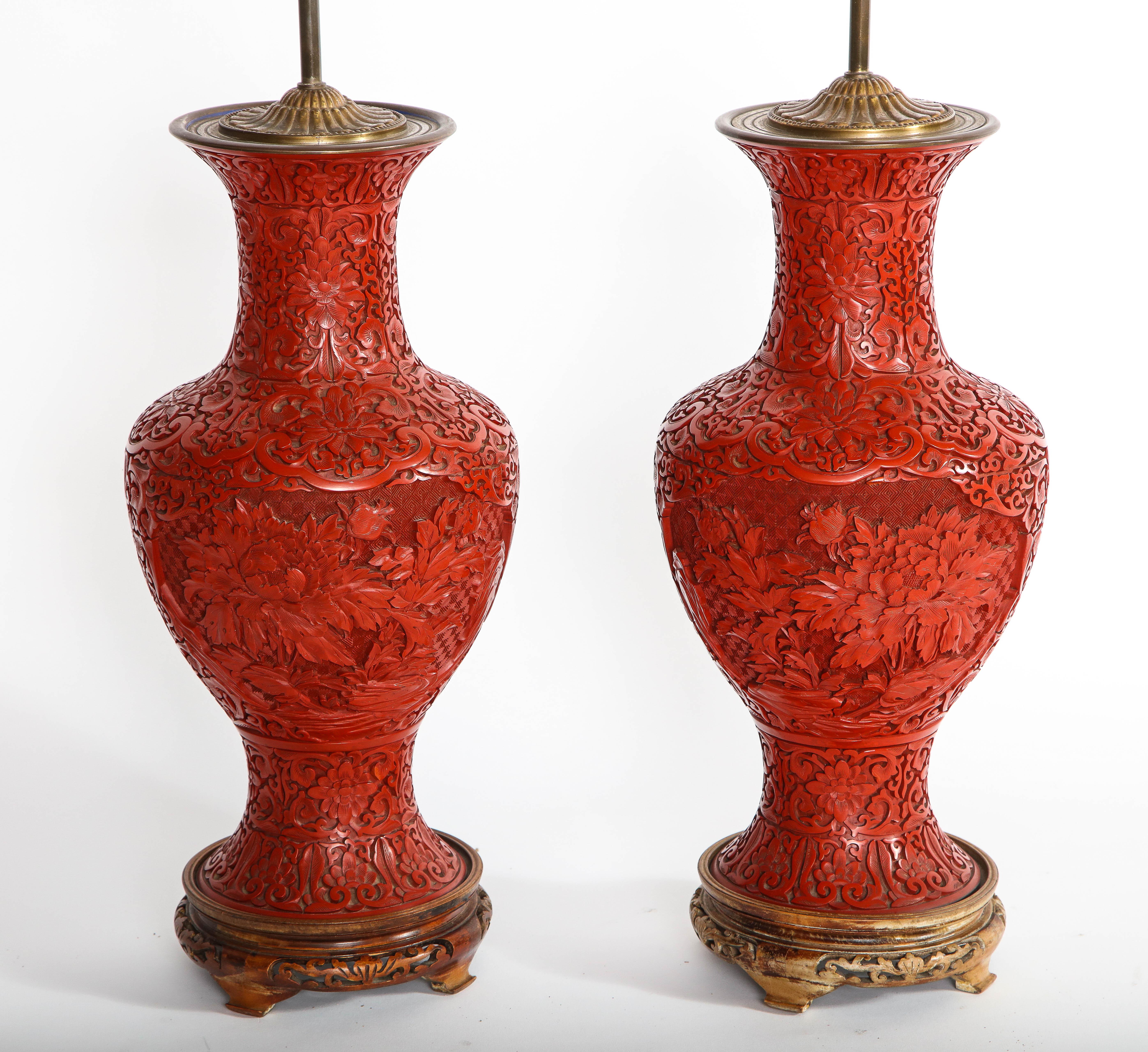 Late 19th Century Marvelous Pair of Hand Carved Antique Chinese Cinnabar Vases Mounted as Lamps