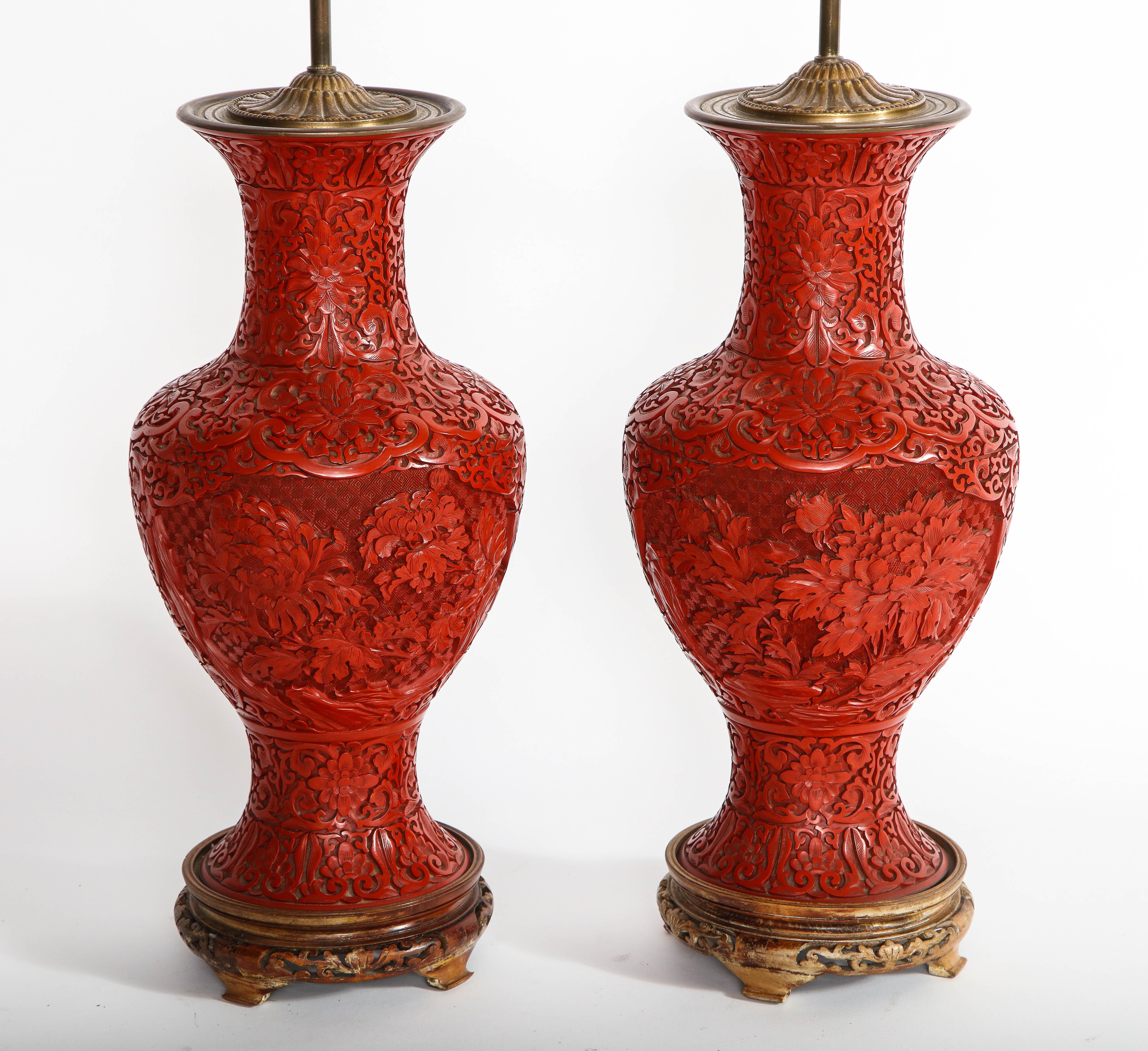 Lacquer Marvelous Pair of Hand Carved Antique Chinese Cinnabar Vases Mounted as Lamps