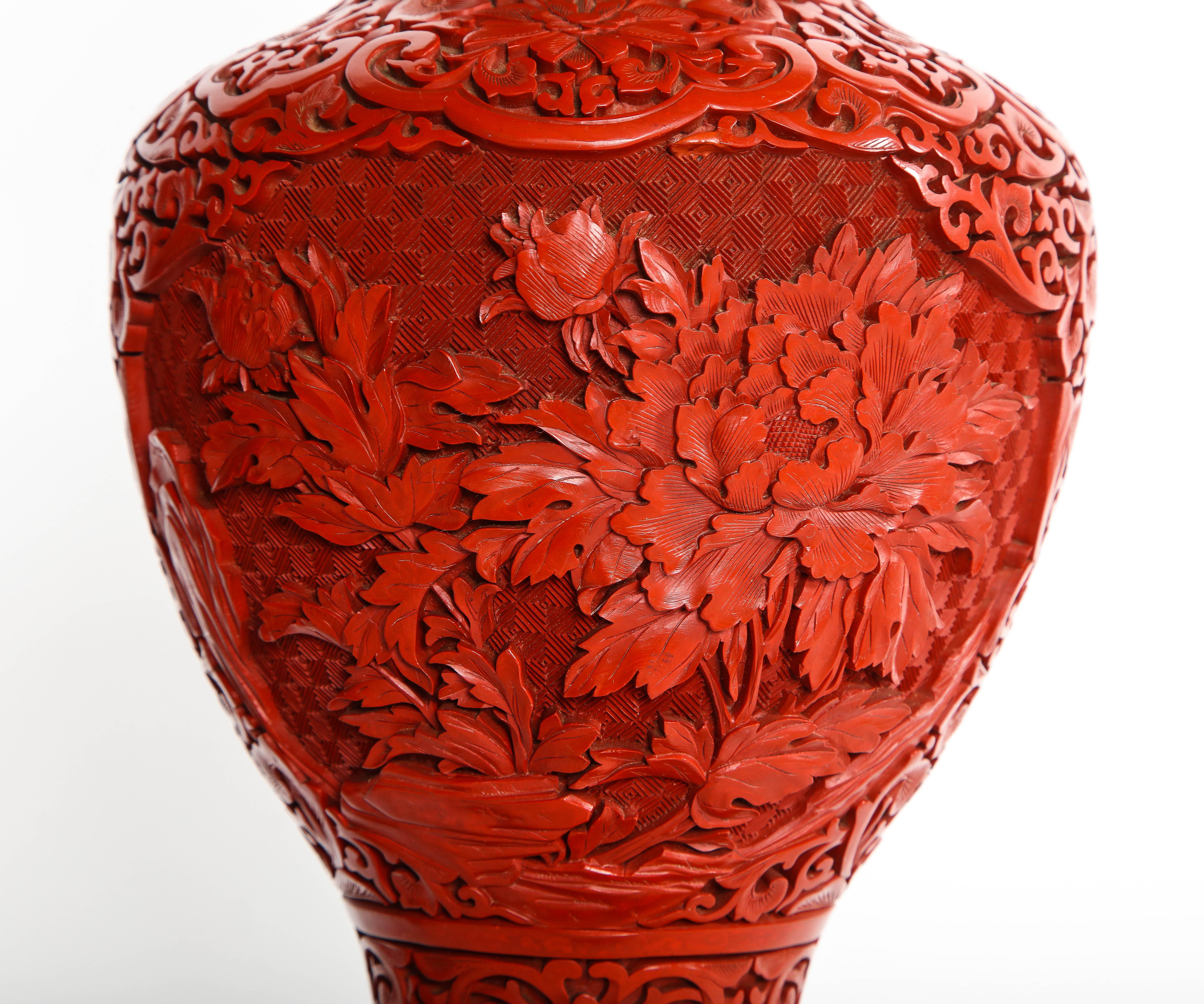 Marvelous Pair of Hand Carved Antique Chinese Cinnabar Vases Mounted as Lamps 1