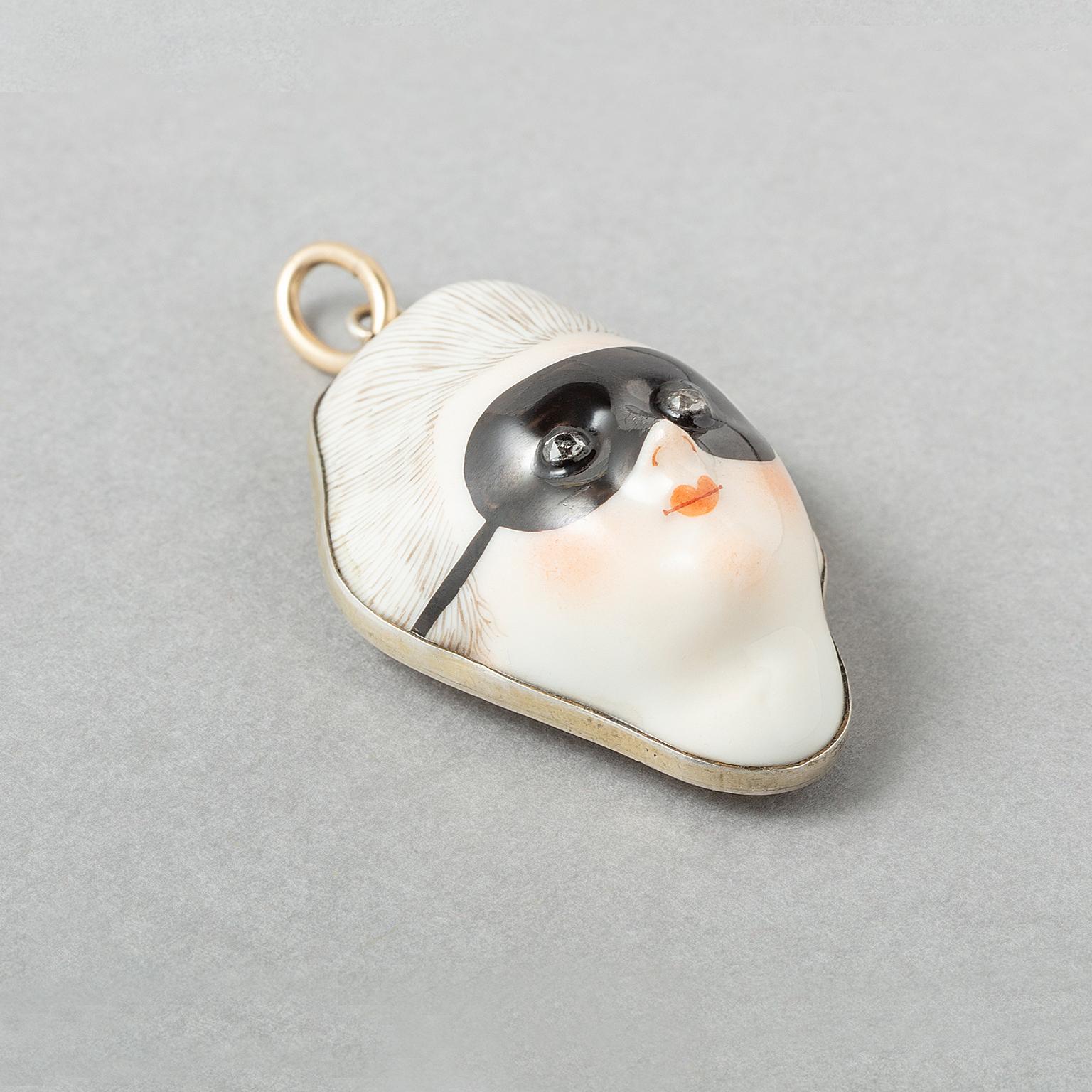 Rose Cut A Masked Lady Porcelain and Silver Gilt Pendant For Sale
