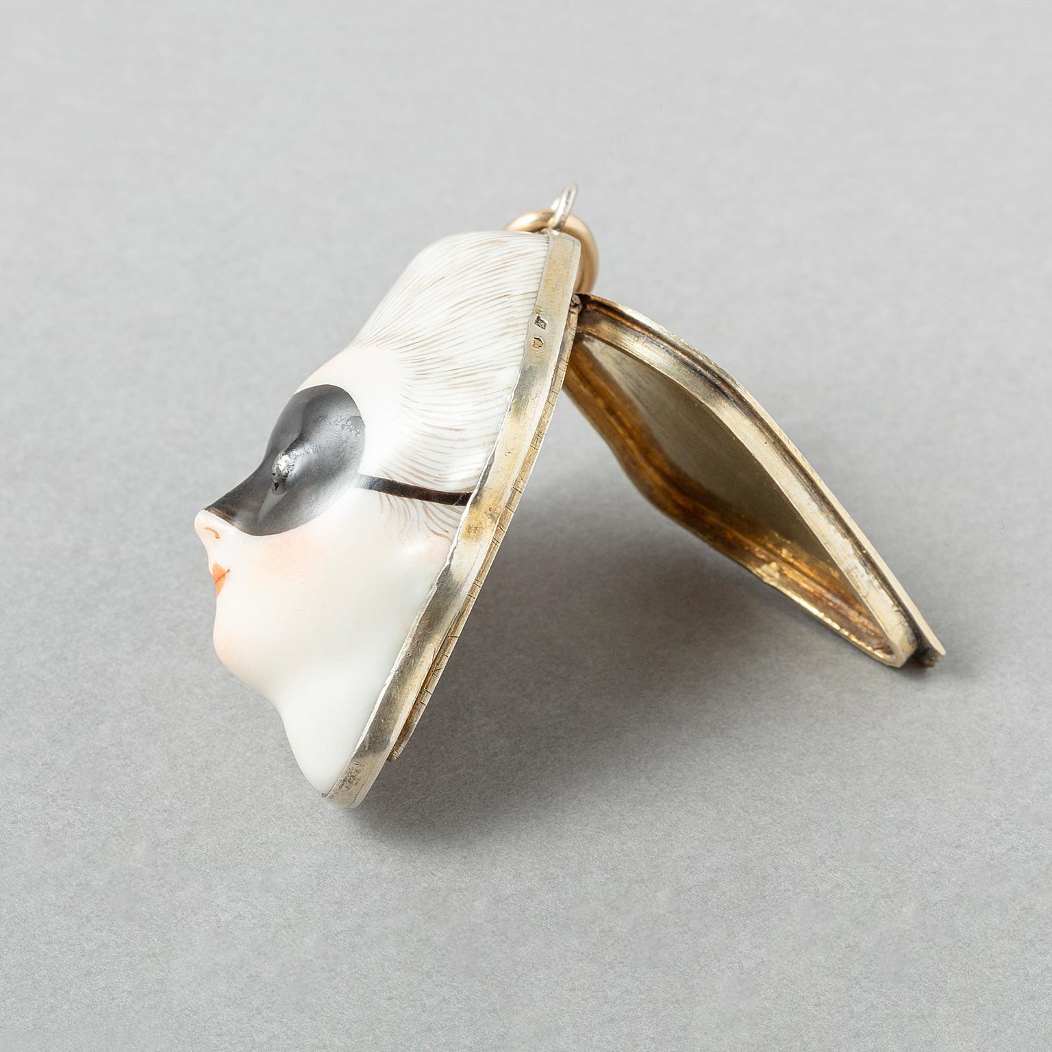 Women's or Men's A Masked Lady Porcelain and Silver Gilt Pendant For Sale