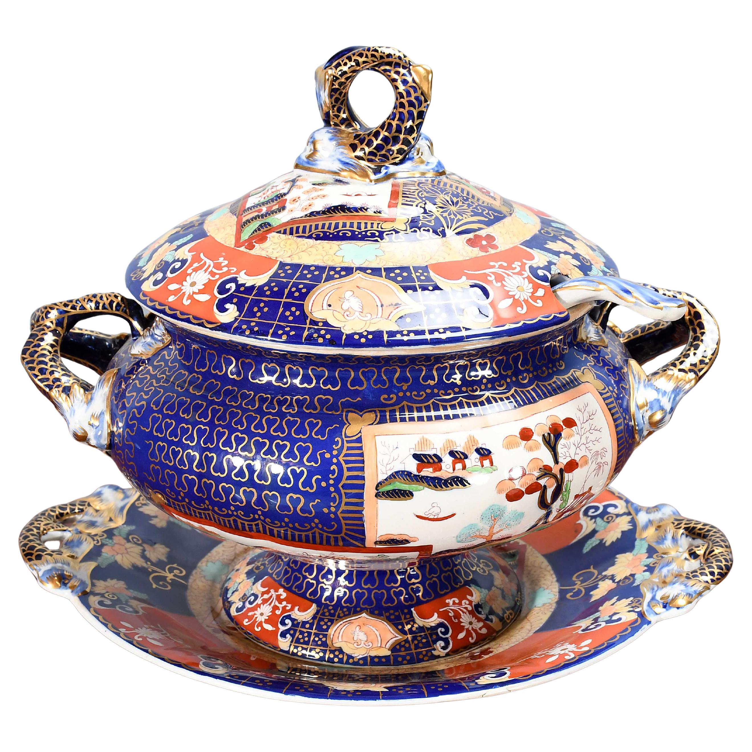 A Mason
s Ironstone Soup Tureen with Cover, Stand, and Ladle