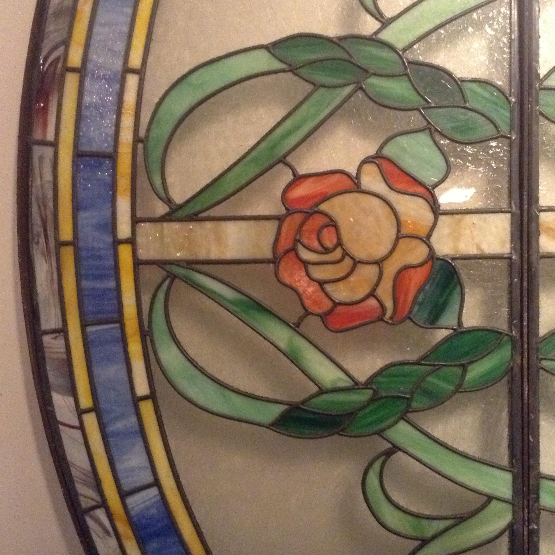 Metal Massive Architectural 1970’s Six Panel Stained Glass Oval Window / Drop Ceiling For Sale