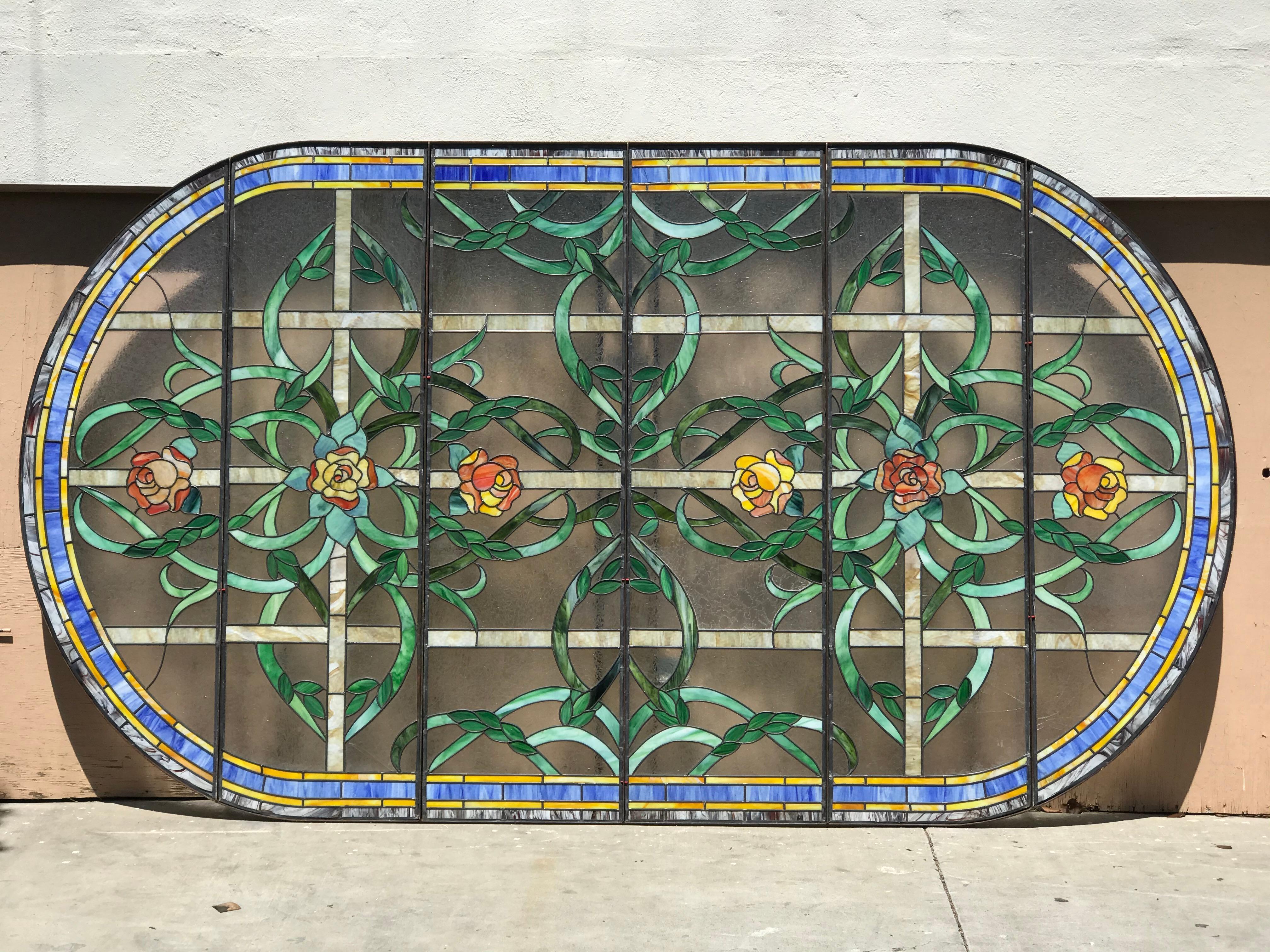 Massive Architectural 1970’s Six Panel Stained Glass Oval Window / Drop Ceiling For Sale 1