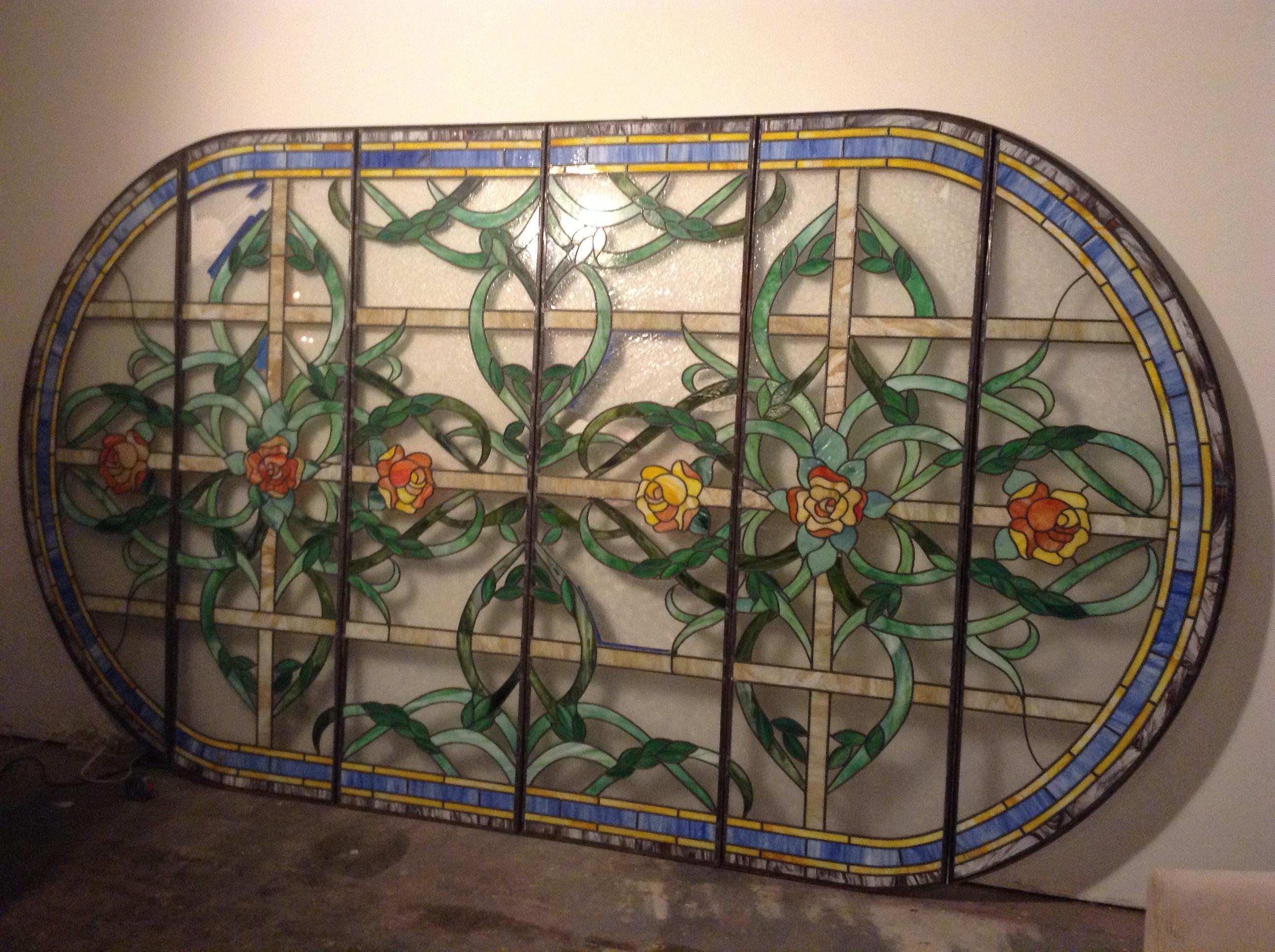 An enormous six panel 1970’s floral themed leaded glass window fabricated originally for a new build in the exurbs as an atrium drop ceiling, the home it came from was a victim of the North Ridge earthquake and the counties subsequent architectural