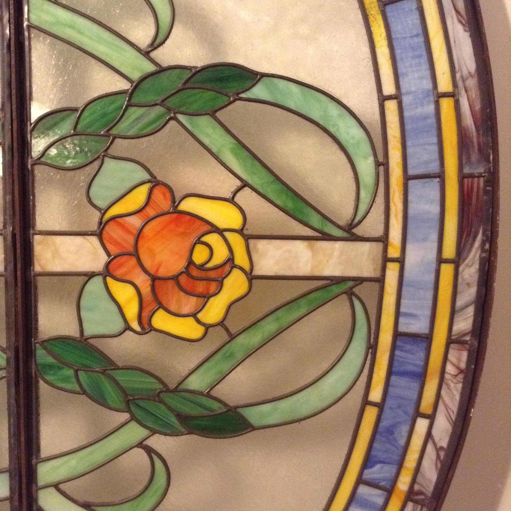American Massive Architectural 1970’s Six Panel Stained Glass Oval Window / Drop Ceiling For Sale