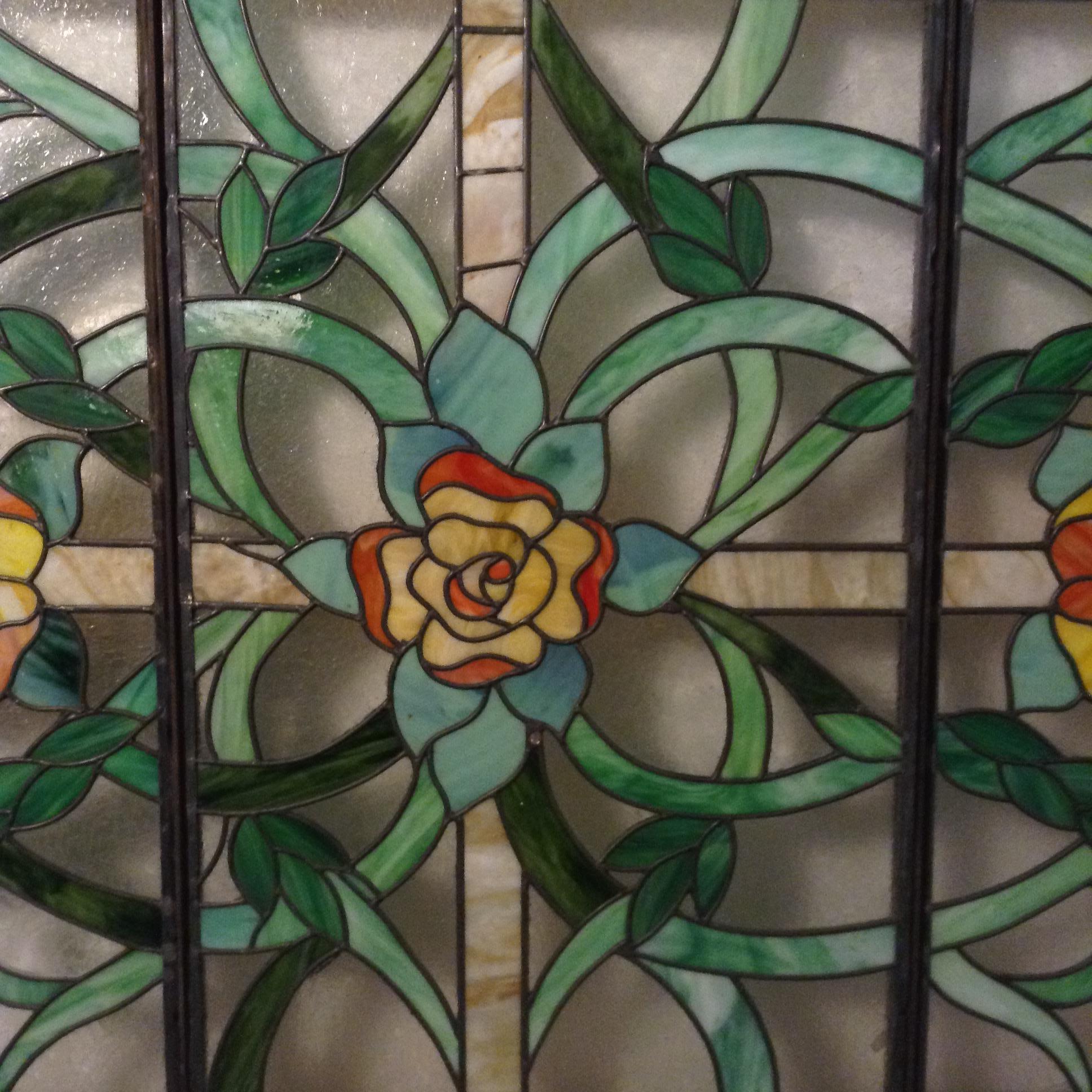 Faceted Massive Architectural 1970’s Six Panel Stained Glass Oval Window / Drop Ceiling For Sale