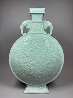 A massive Chinese Qianlong style celadon-glazed porcelain moon flask vase
