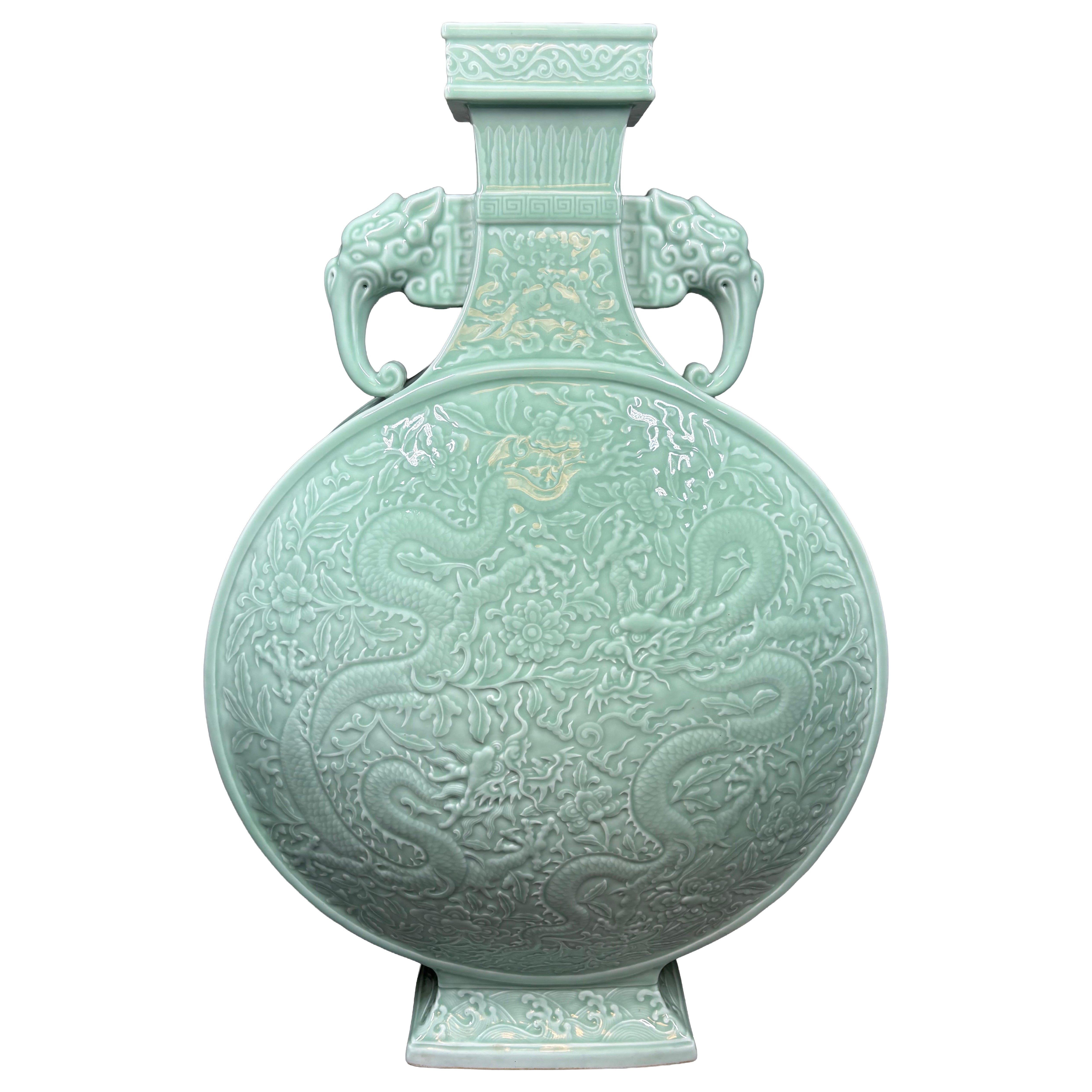 A massive Chinese Qianlong style celadon-glazed porcelain moon flask vase For Sale