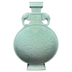 A massive Chinese Qianlong style celadon-glazed porcelain moon flask vase