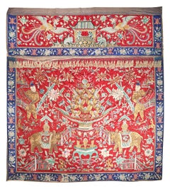 A Massive Chinese Red Ground Embroidered Silk Wall Panel, Late Qing Dynasty