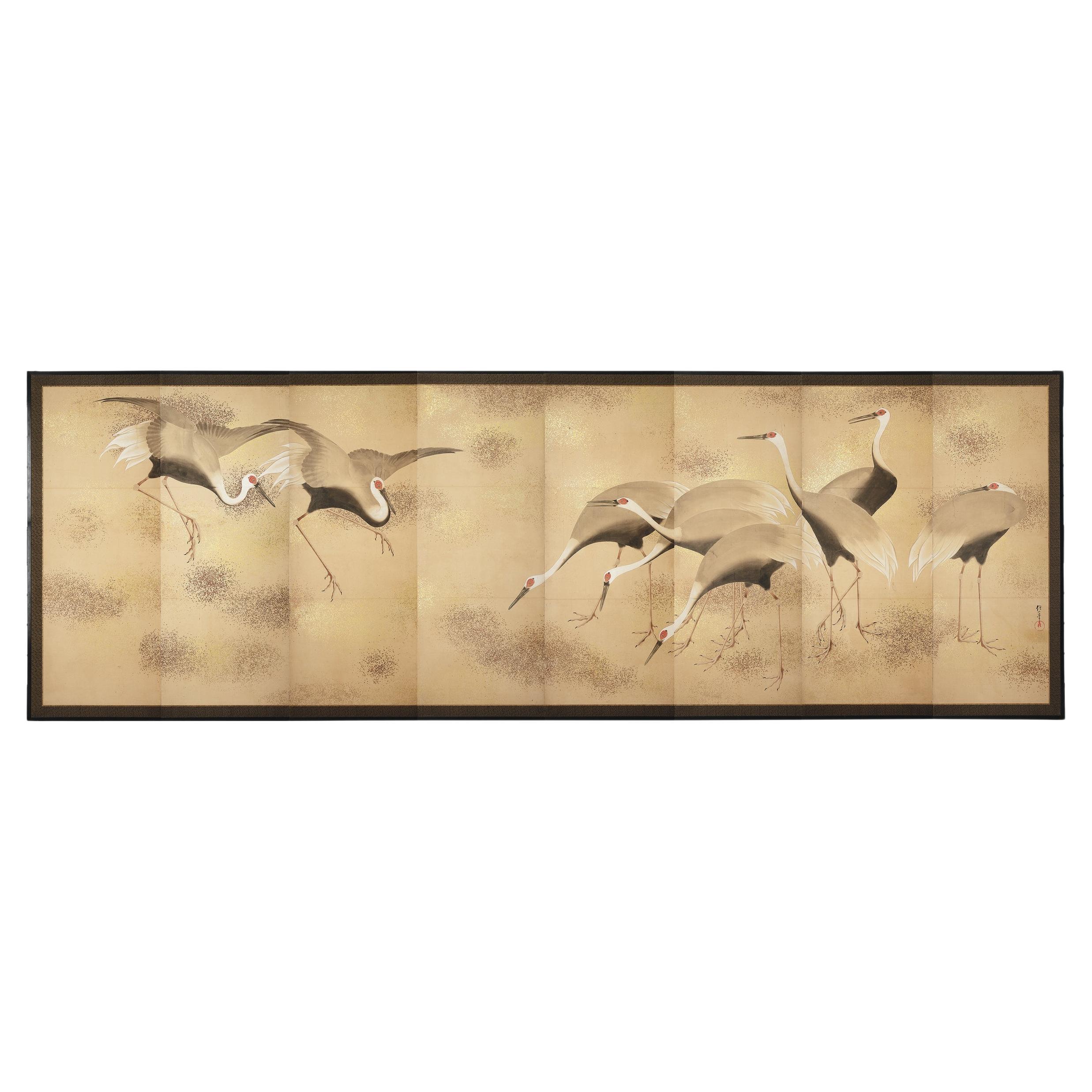 A Massive Eight Fold ‘Byobu’ Screen with Nine ‘Manchurian’ Cranes For Sale