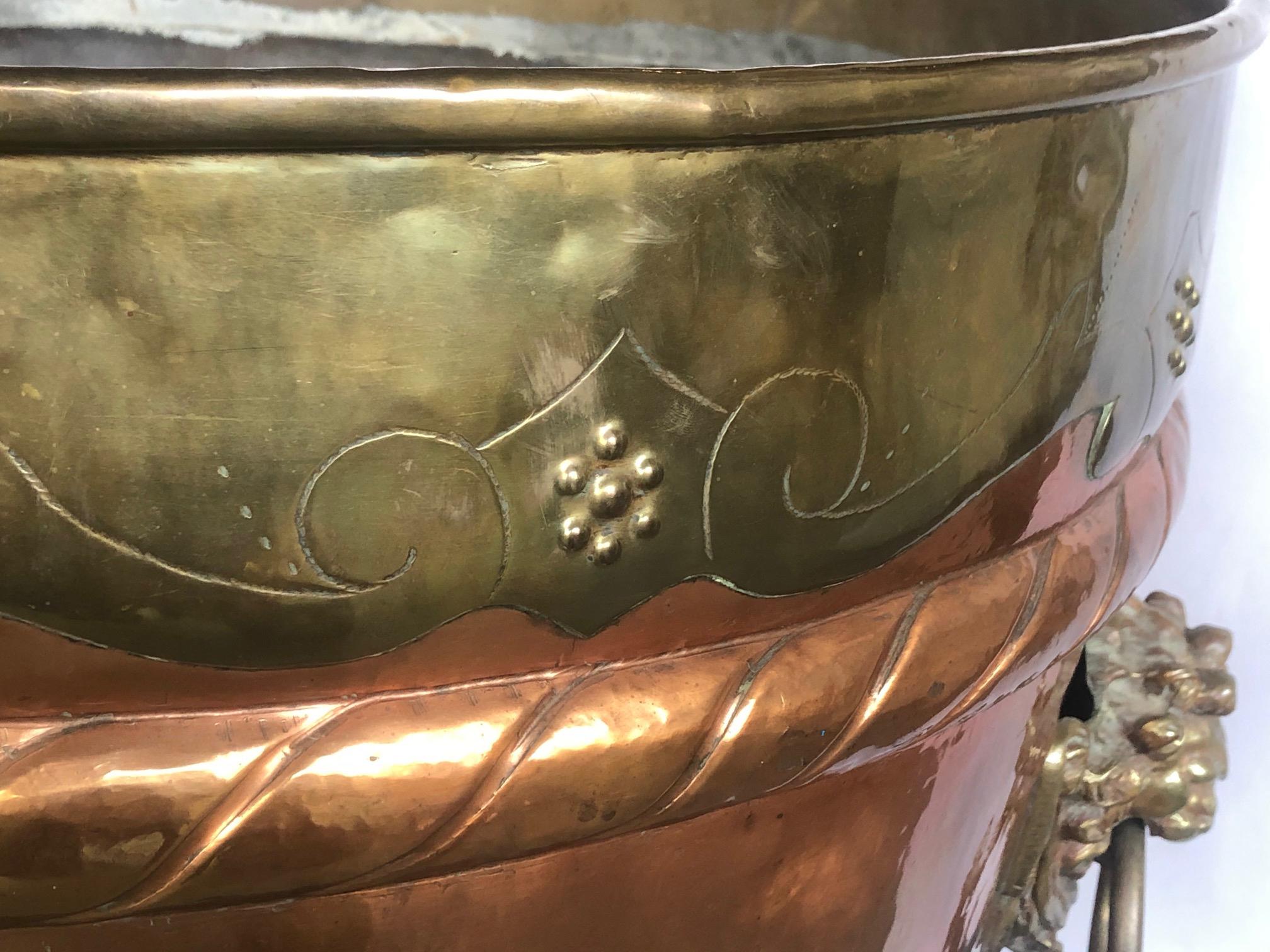 Victorian A Massive English Brass and Copper Log Bin with Armorial Crests