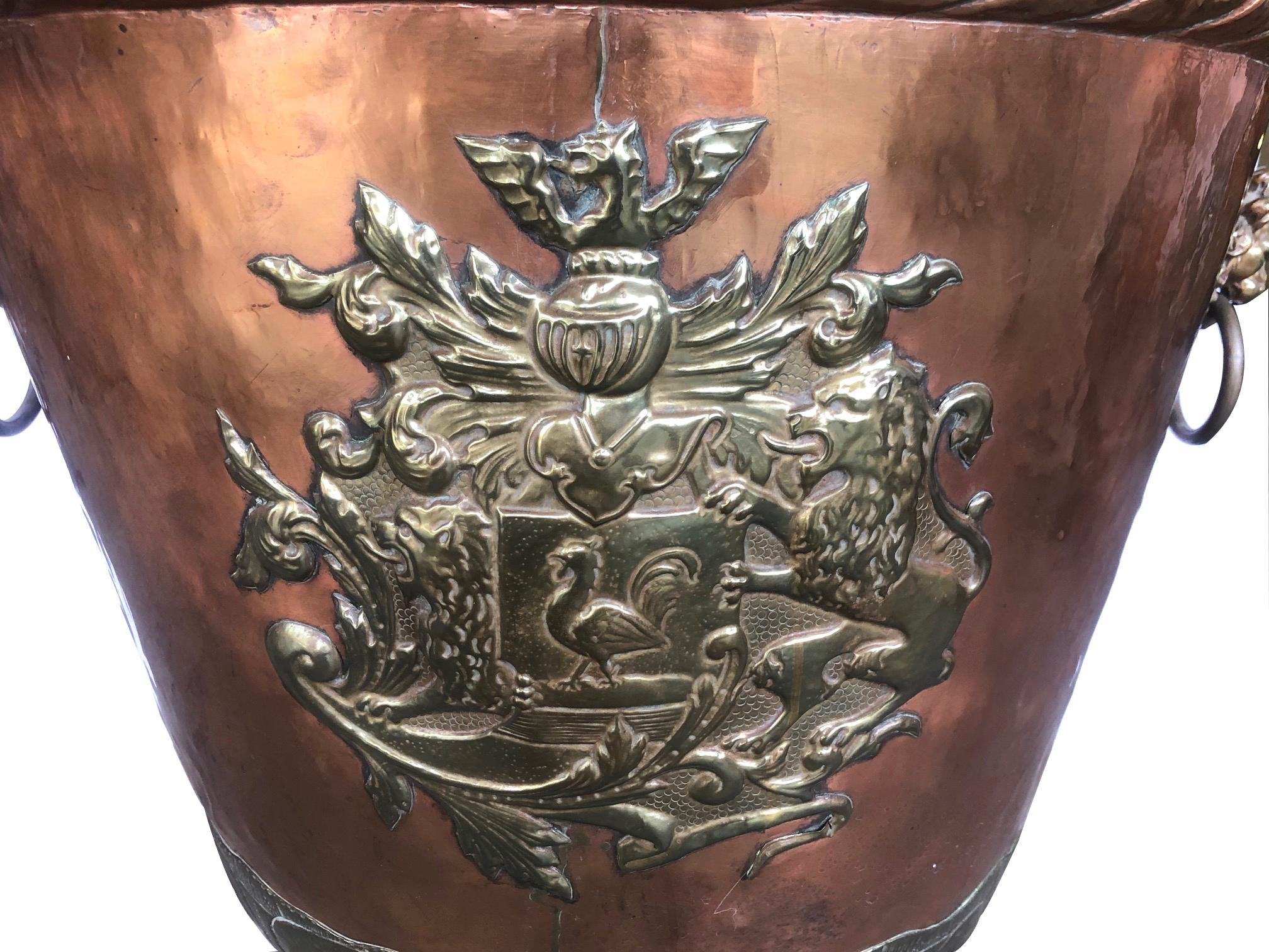 A Massive English Brass and Copper Log Bin with Armorial Crests 2