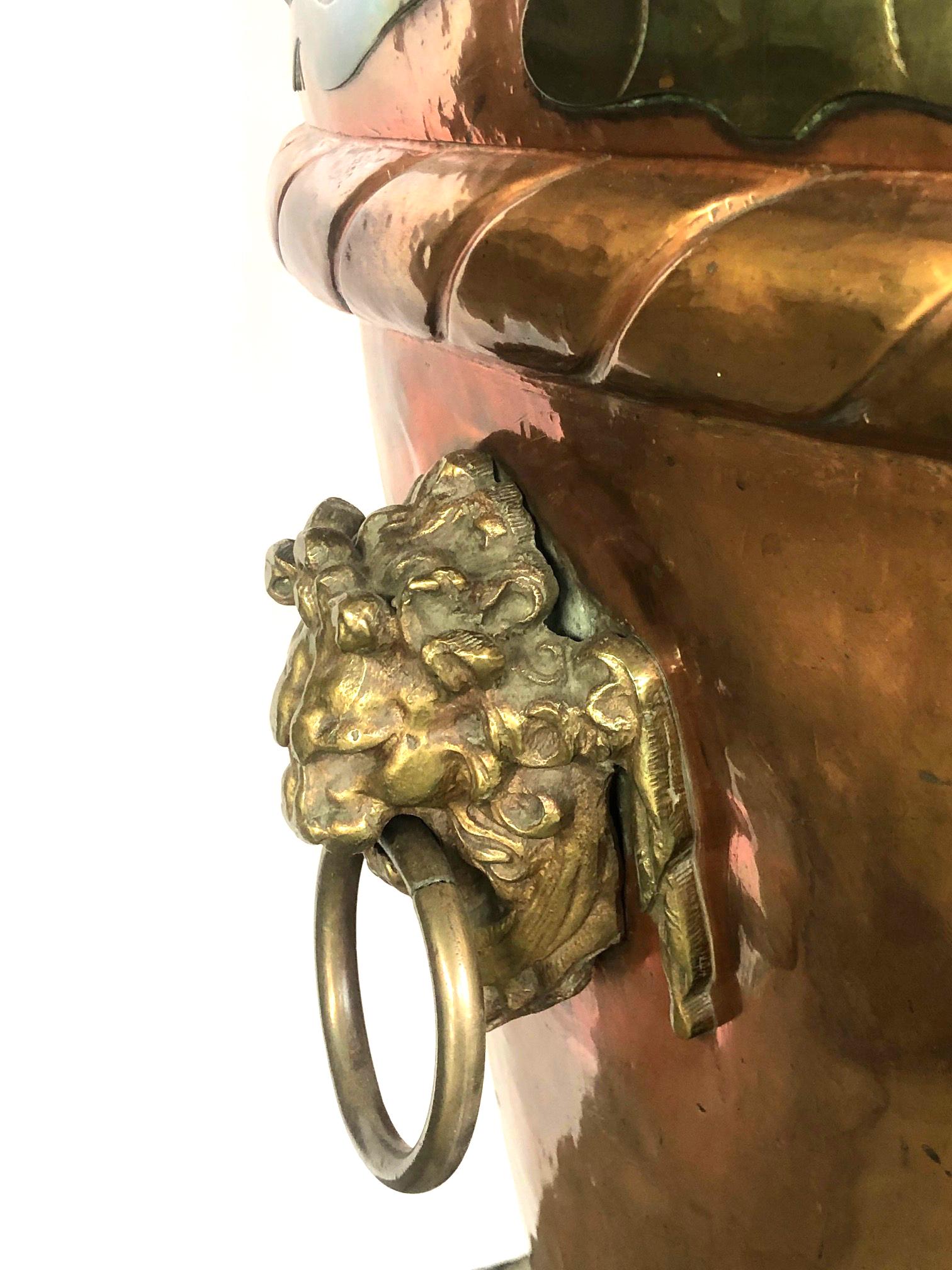 A Massive English Brass and Copper Log Bin with Armorial Crests 3