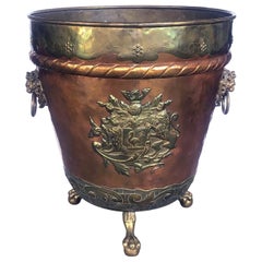 Antique A Massive English Brass and Copper Log Bin with Armorial Crests