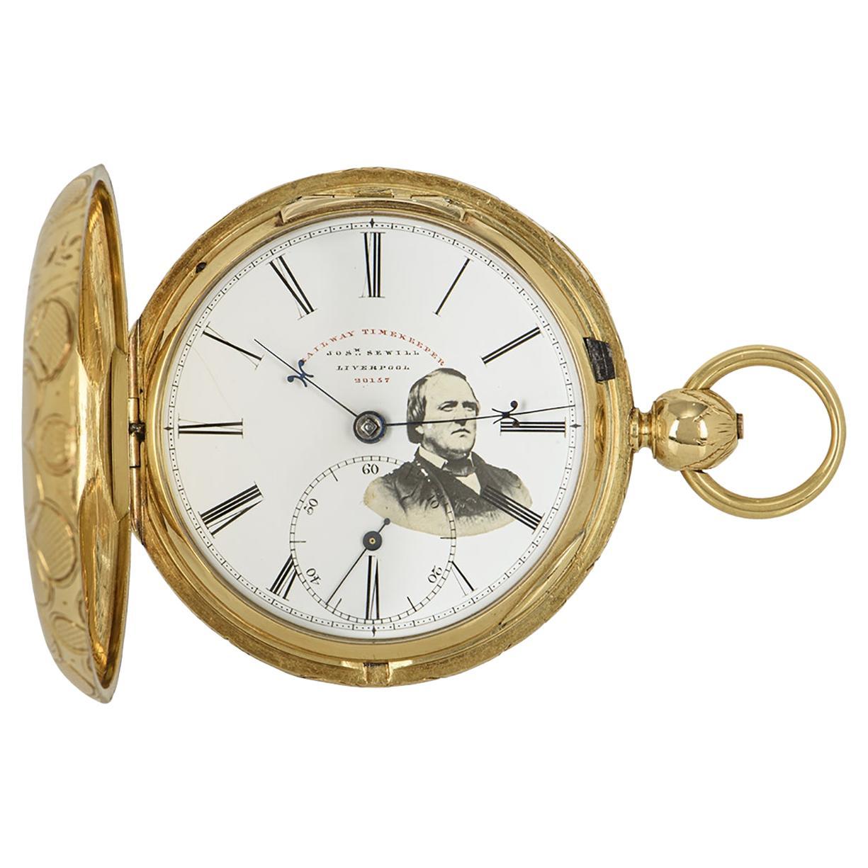 Massive Full Hunter Yellow Gold Keywind Fusee Railway Timepiece Pocket Watch For Sale