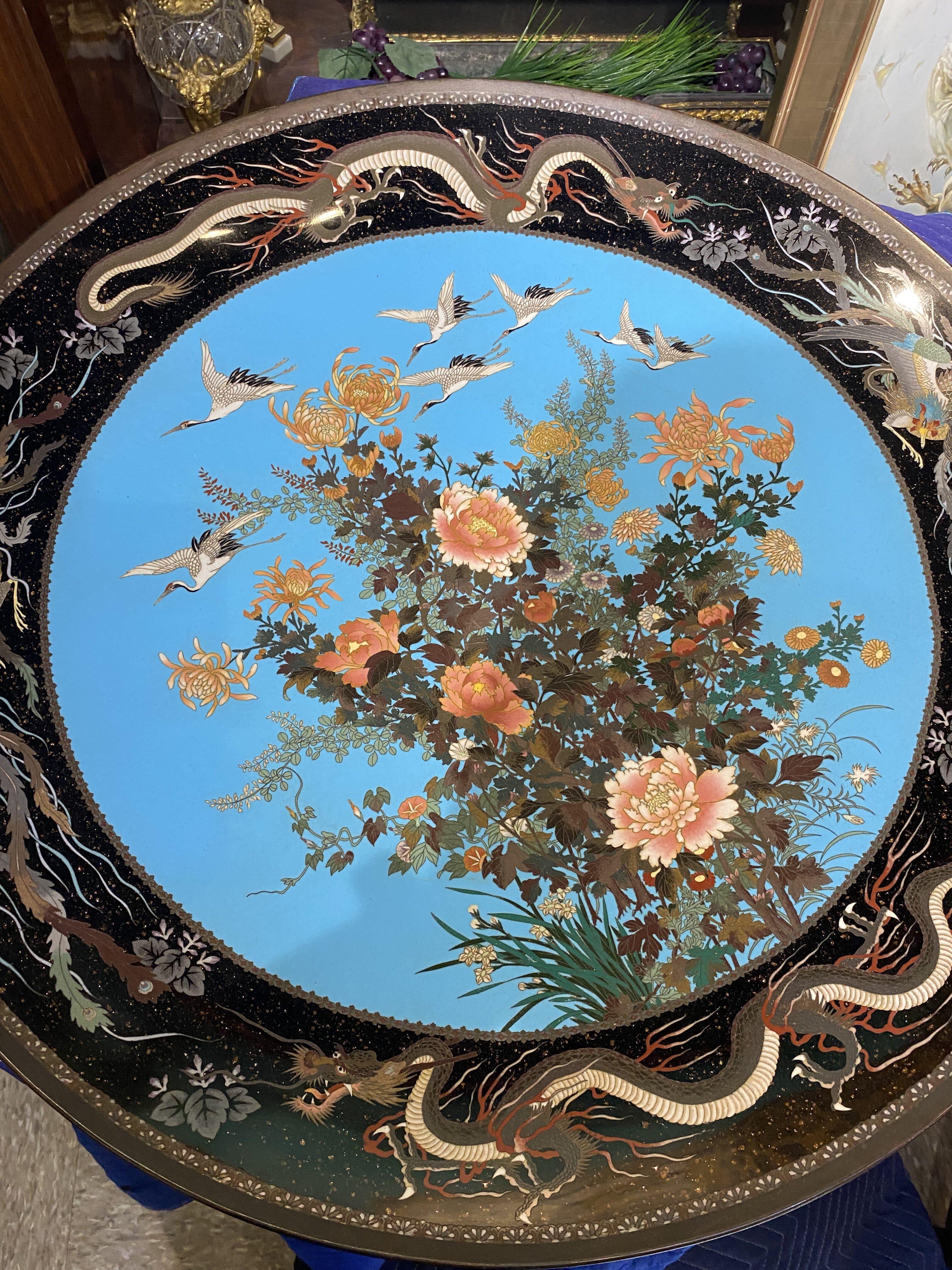 Massive Museum Pair of Meiji Period Japanese Cloisonne Enamel Chargers Plates For Sale 8